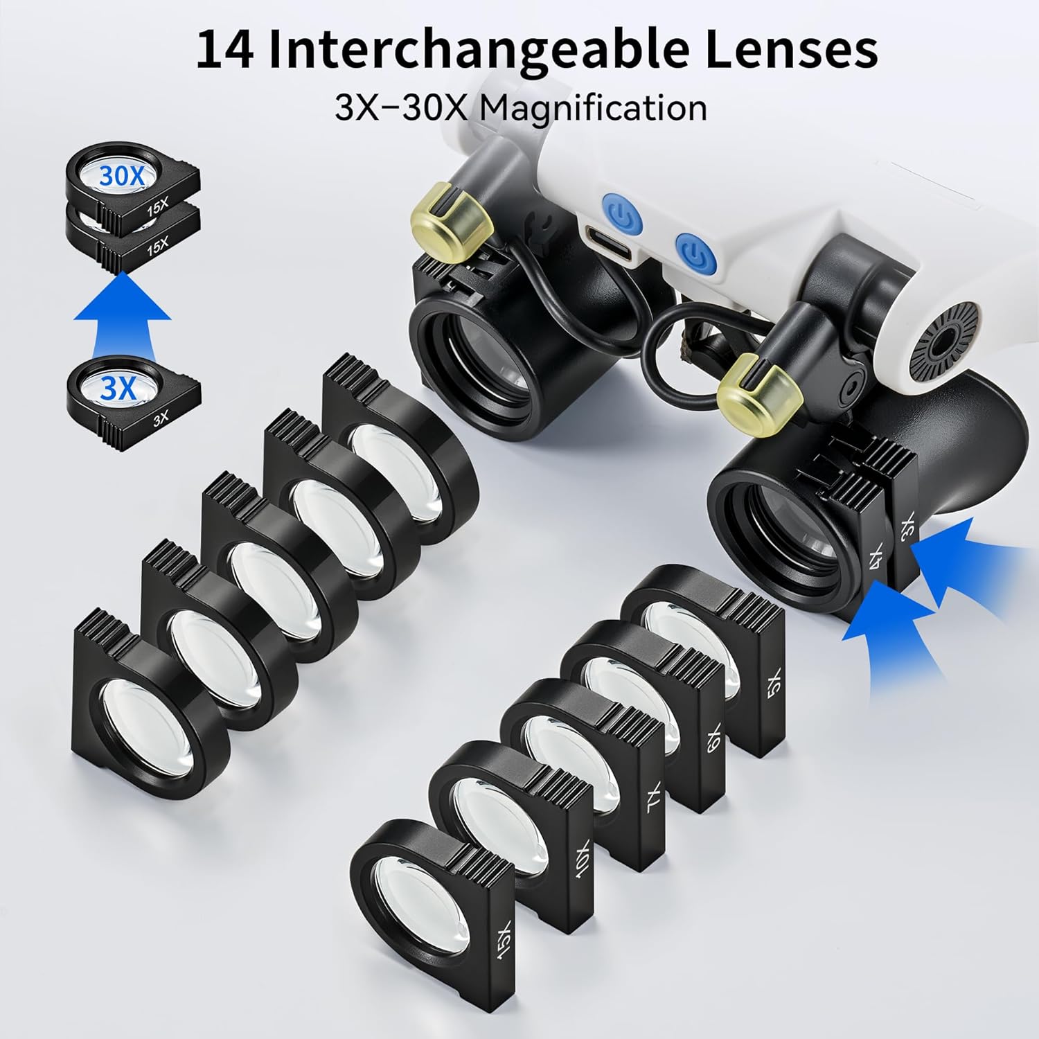 Detalle de JARLINK Magnifying Glasses with LED Light: Hands-Free Headband Magnifier with 14 Interchangeable Lenses