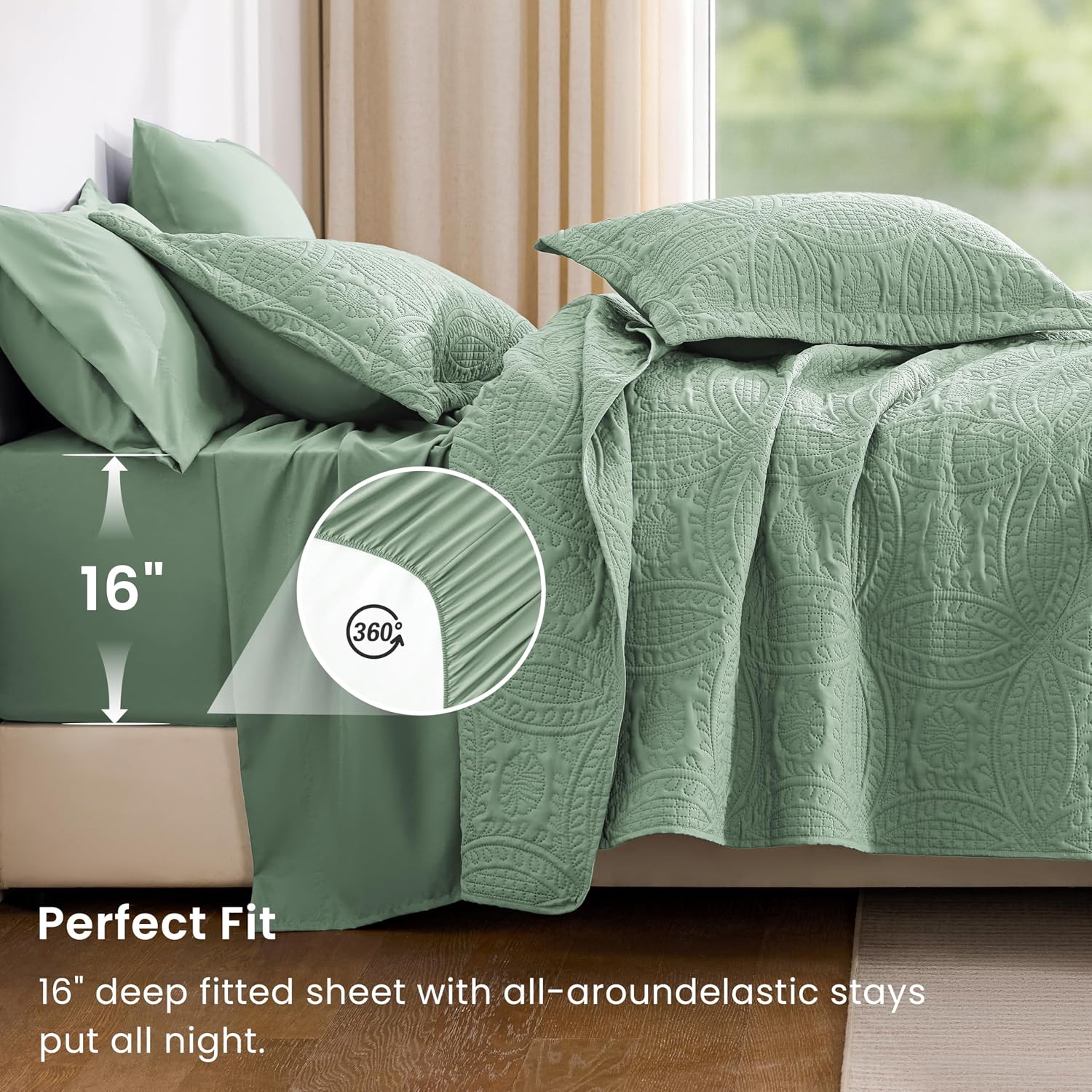 Thumbnail 3 de Love's cabin Queen Bedding in a Bag Set (Salvia) – 7-Piece Quilt Comforter with Ultrasonic Embossing