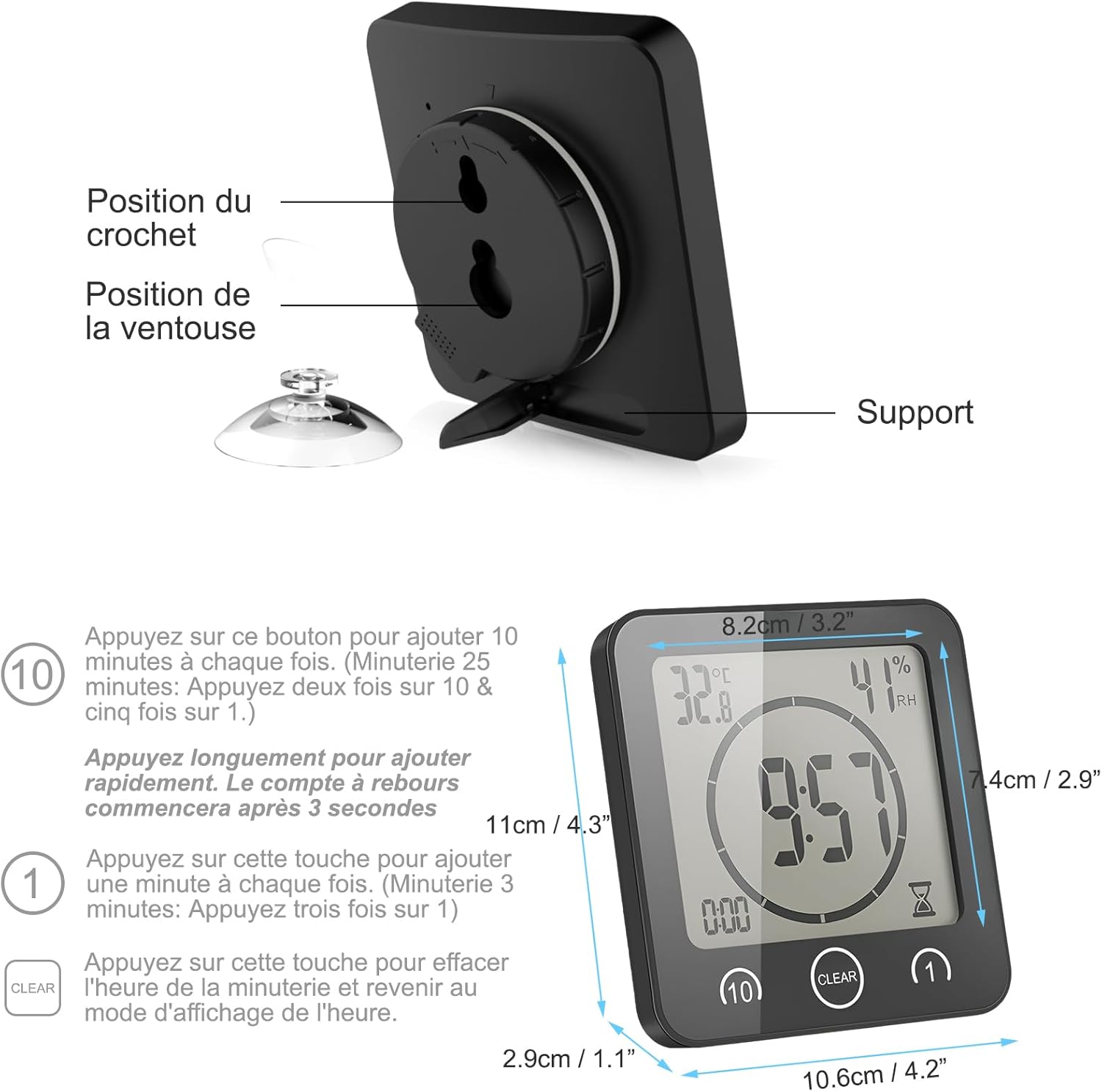 Thumbnail 4 de Horloge de Salle de Bain VORRINC — Horloge de Douche Étanche avec Tactile, LCD, Thermomètre et Minuterie