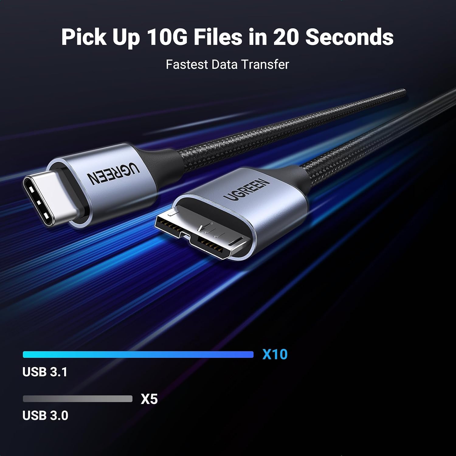 Detalle 2 de UGREEN 10 Gbps Micro B to USB‑C 0.5m cable