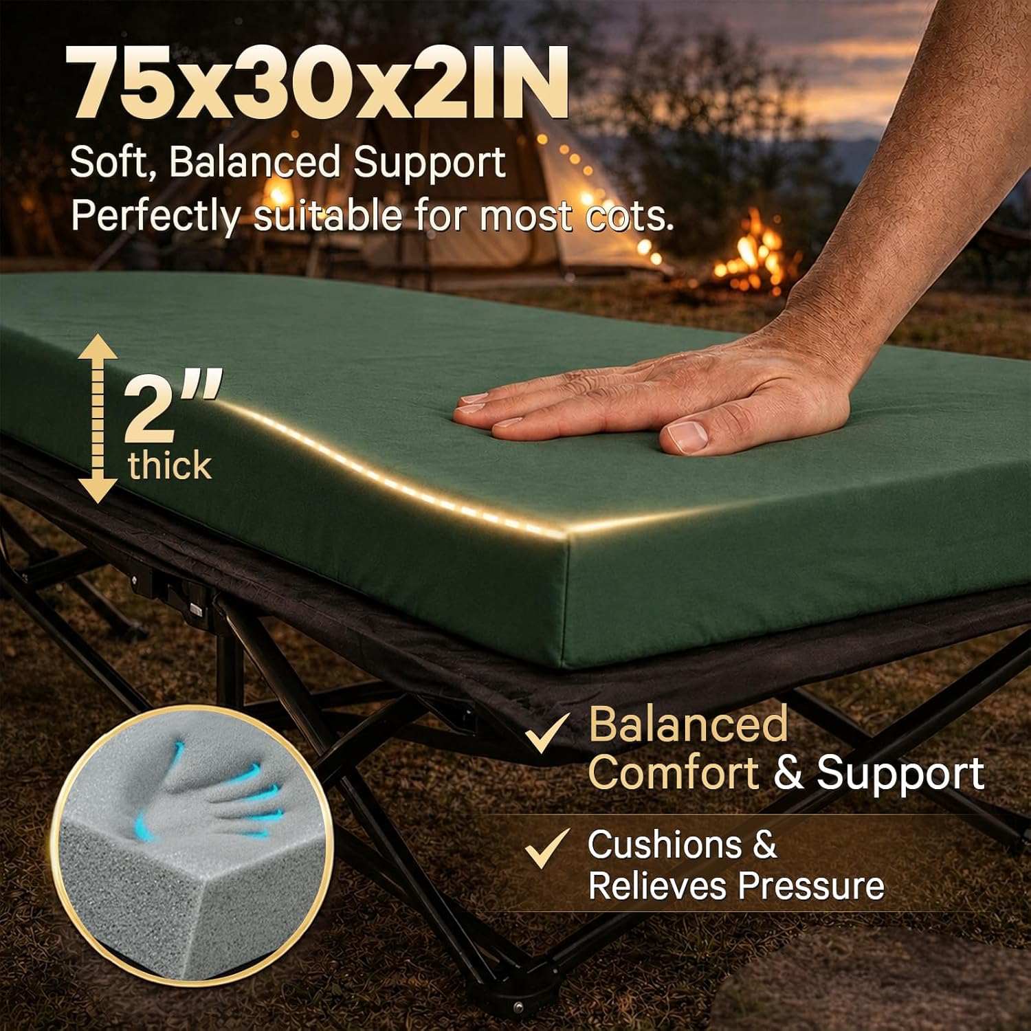 Detalle de CYMULA cot Camping Cot Pad, 2-Inch Memory Foam, Removable Cover