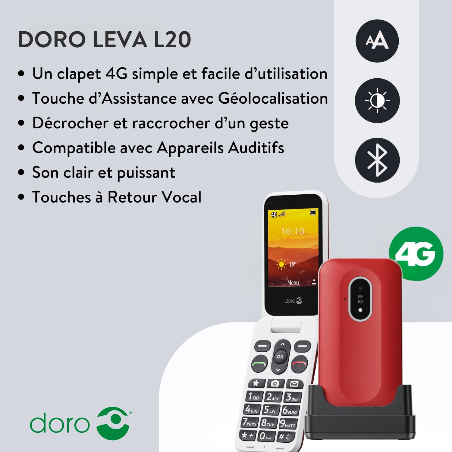 Detalle de Doro Leva L20 – Téléphone portable senior à clapet 4G, grand écran et bouton d’assistance