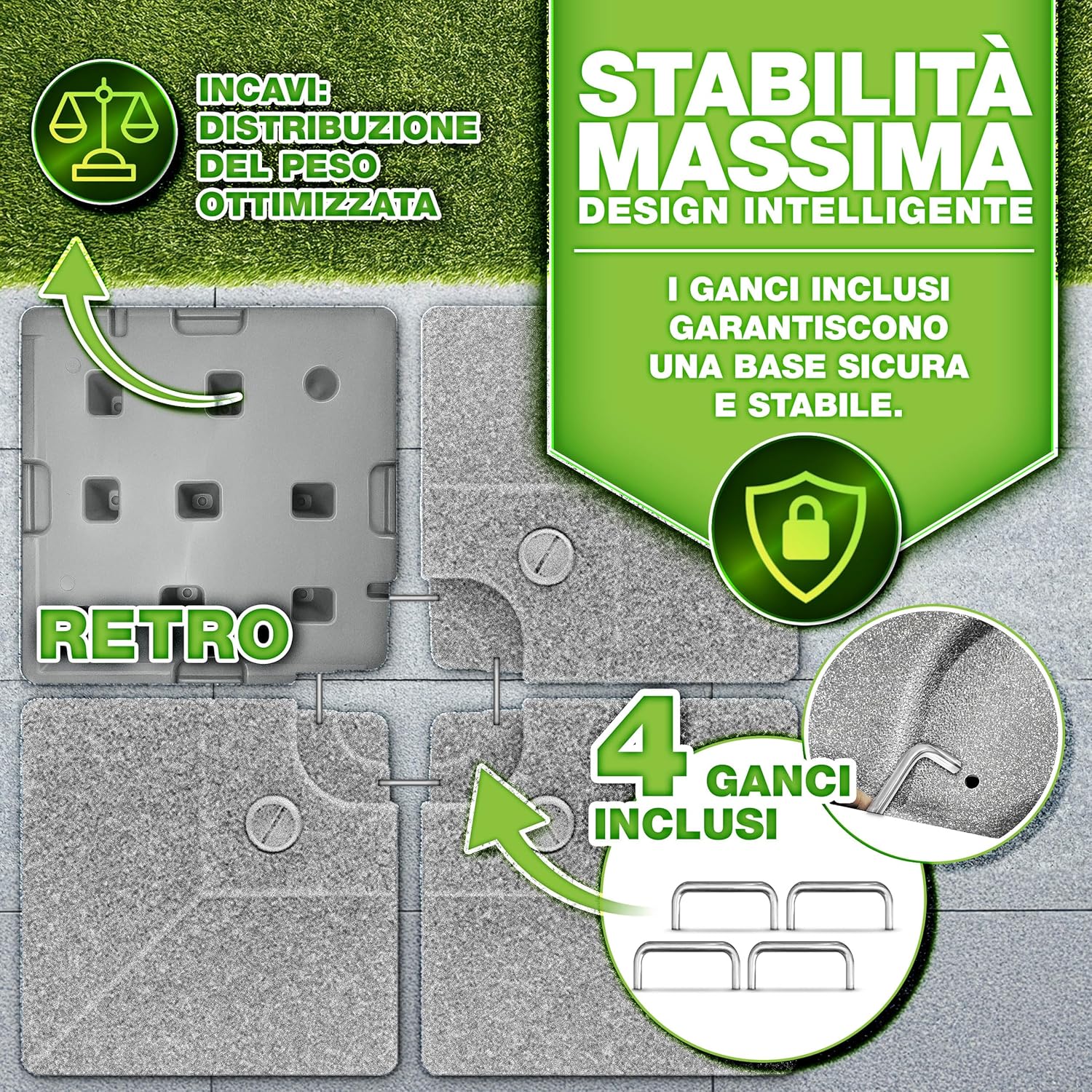 Thumbnail 4 de tillvex® Base per ombrellone 90 litri (120 kg sabbia) da 4 pezzi, decentrato con connettore metallico – grigio granito