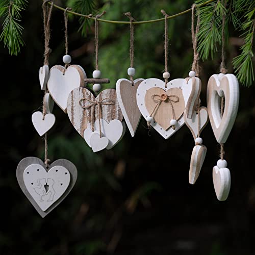 Detalle de Heart-shaped Wooden Decorative Hanging Ornaments by Sun&Beam (2 Pcs) – Handmade Rustic Hearts