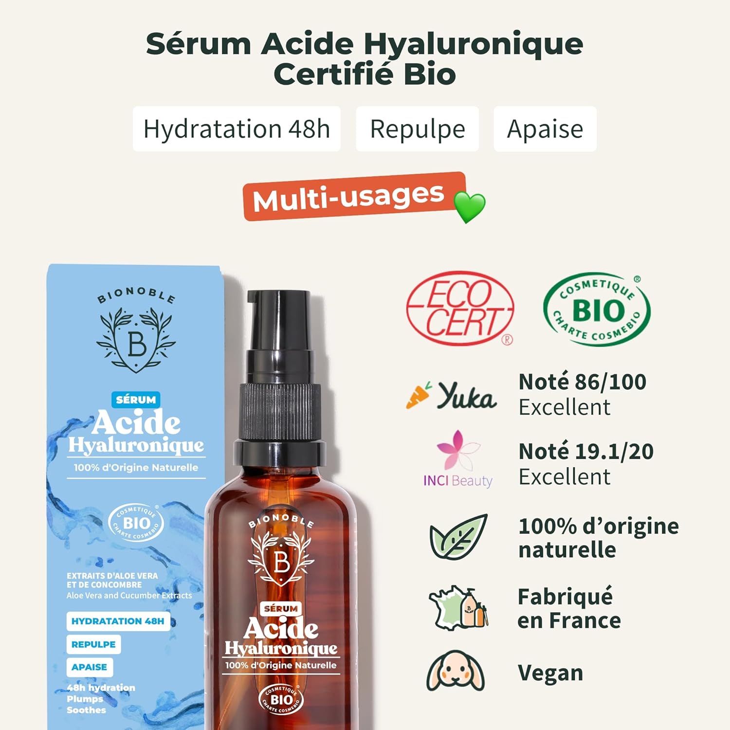 Thumbnail 1 de BIONOBLE Sérum Visage Acide Hyaluronique Pur – Hydratation durable et action anti-âge (30 ml, France)
