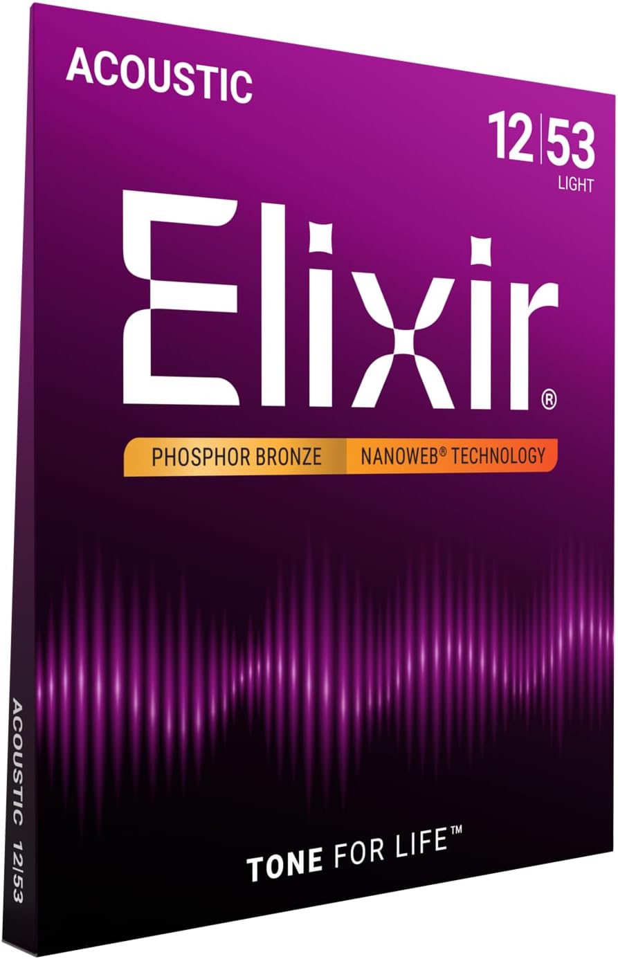 Elixir Strings Acoustic Guitar Set — Phosphor Bronze with NANOWEB, Light Gauge 12-53 (6-String)