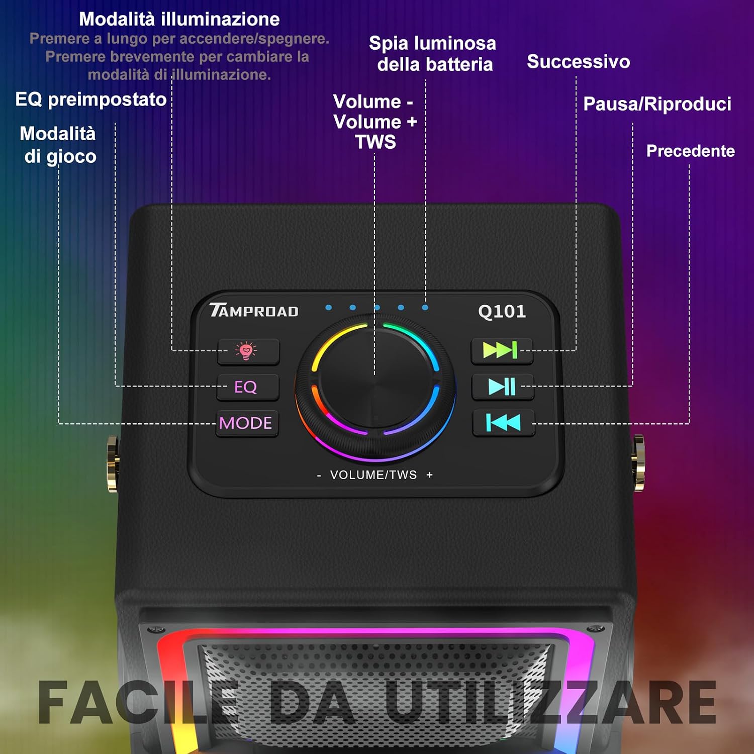 Detalle de TAMPROAD Q101: Altoparlante Bluetooth 120 W con TWS, legno e luci LED per feste all'aperto
