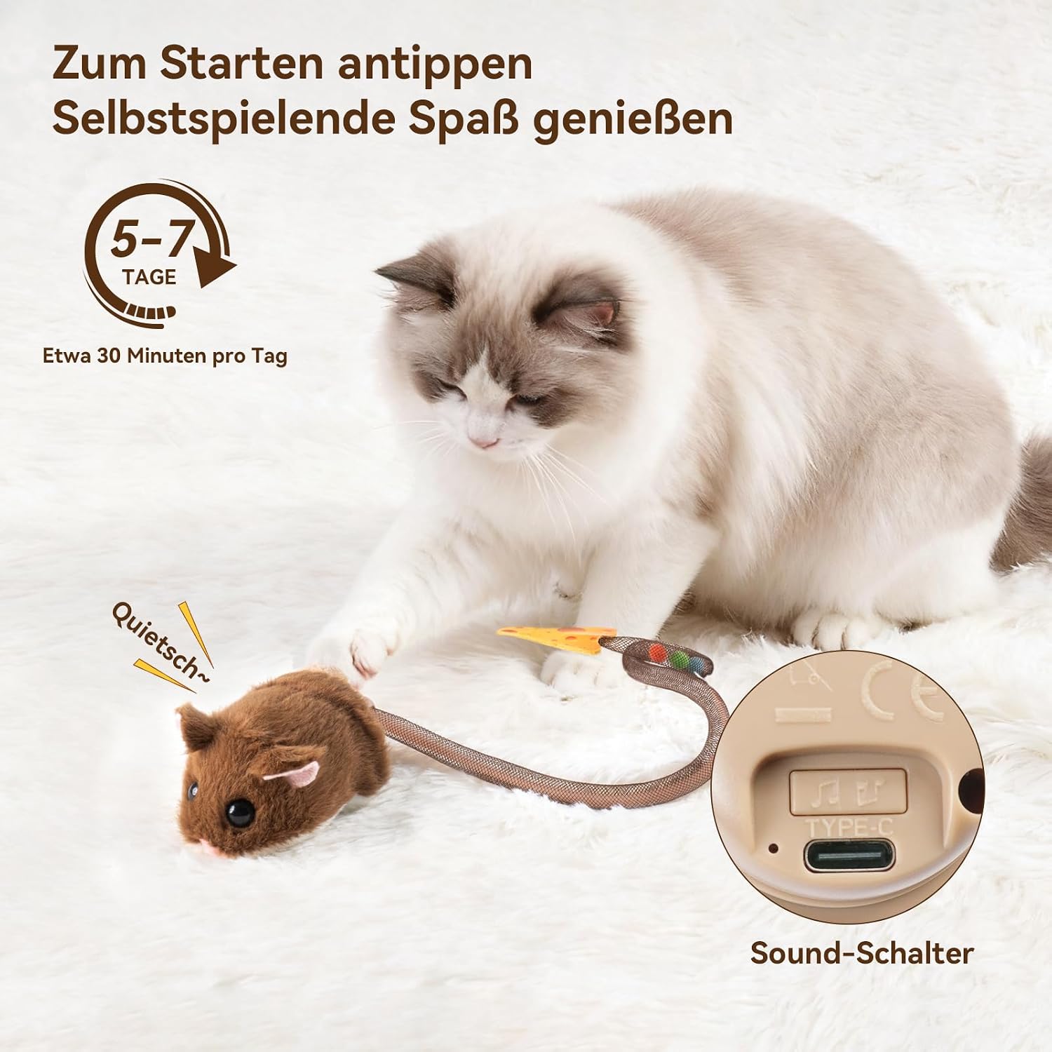 Detalle 1 de Migipaws Migimaus interaktives Katzenspielzeug 350 mAh 🐭