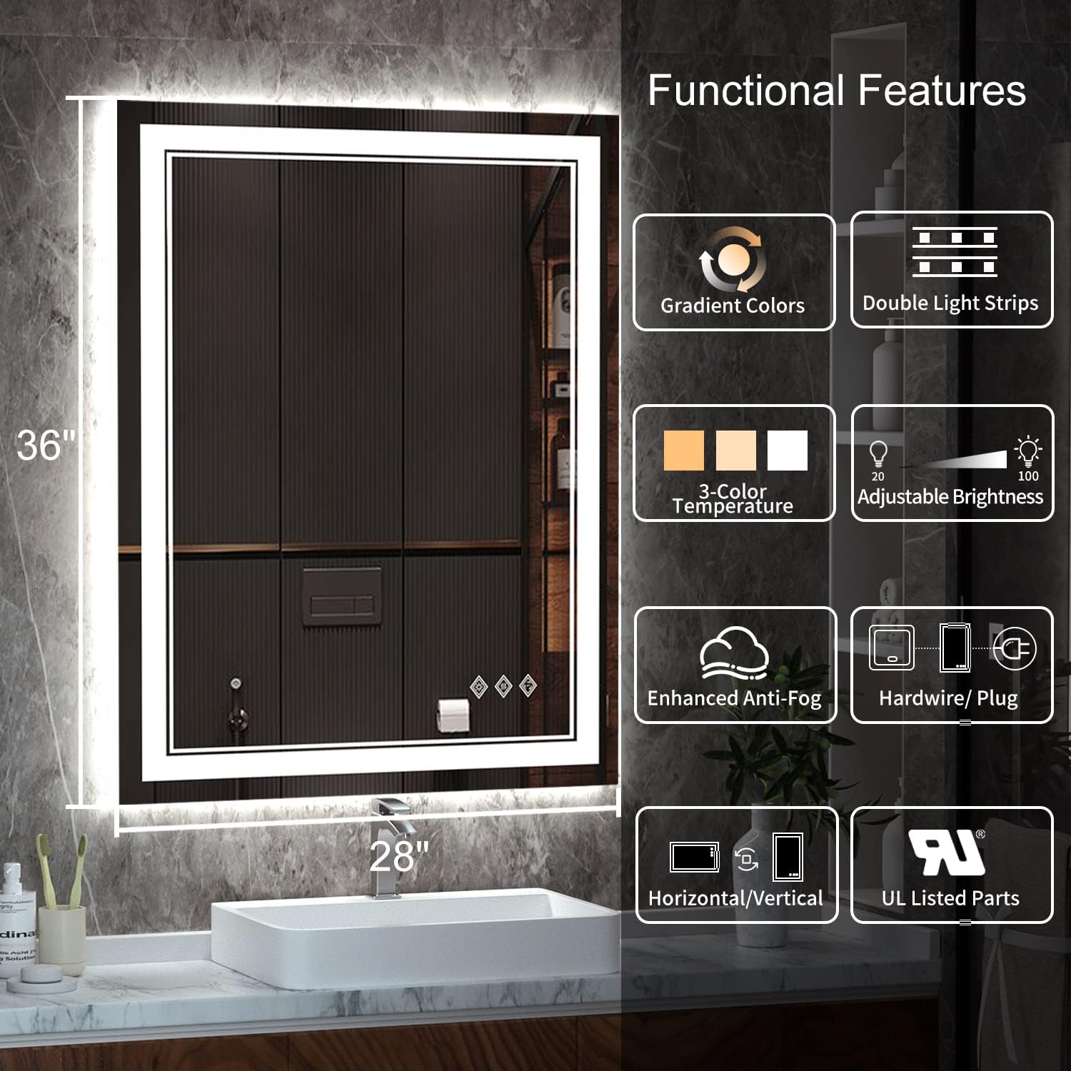 Detalle 2 de VanPokins LED Bathroom Mirror 28 x 36 Inch