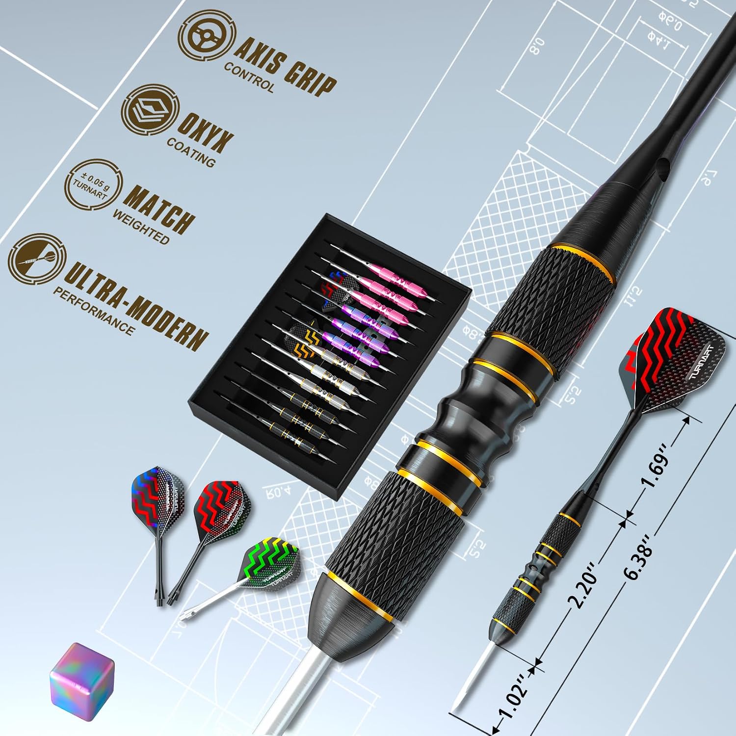 Detalle de Turnart 12 Pack Steel Tip Darts Set with Case (Metal darts, aluminium shafts, extra flights)