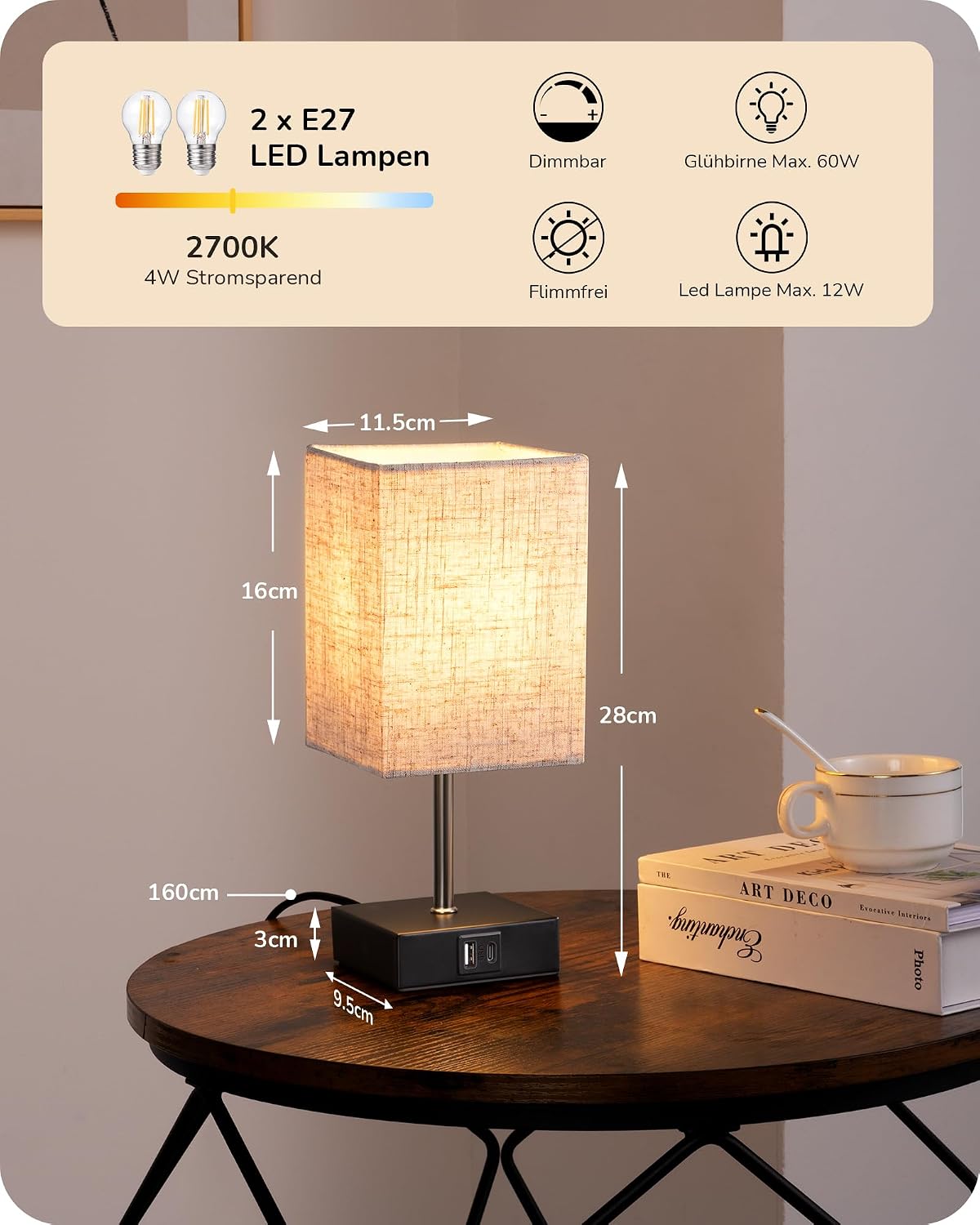 Detalle de EDISHINE LED Nachttischlampe Touch dimmbar im 2er-Set mit USB (Type-A & Type-C) – beige