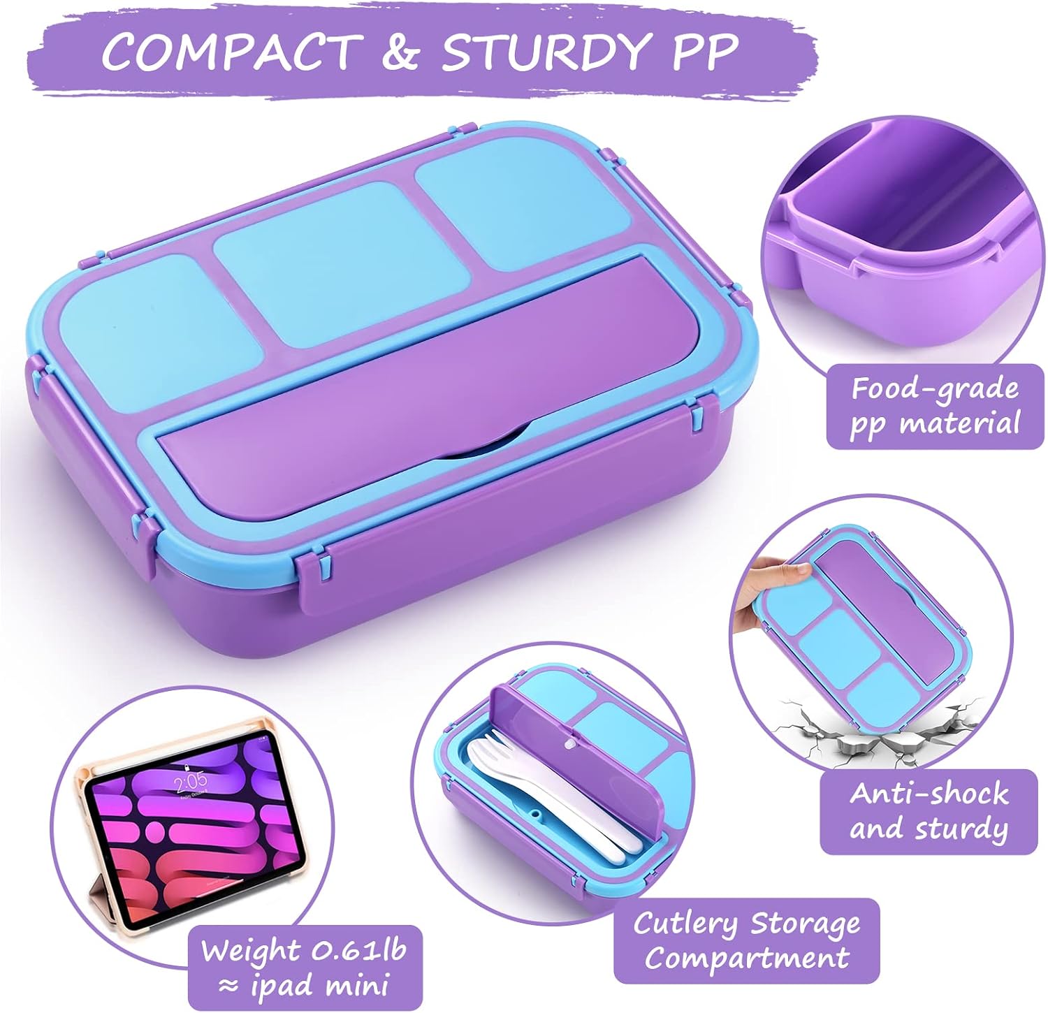 Detalle de QQKO Bento Lunch Box for Kids — 4-Compartment Lunch Container with Accessories, Purple