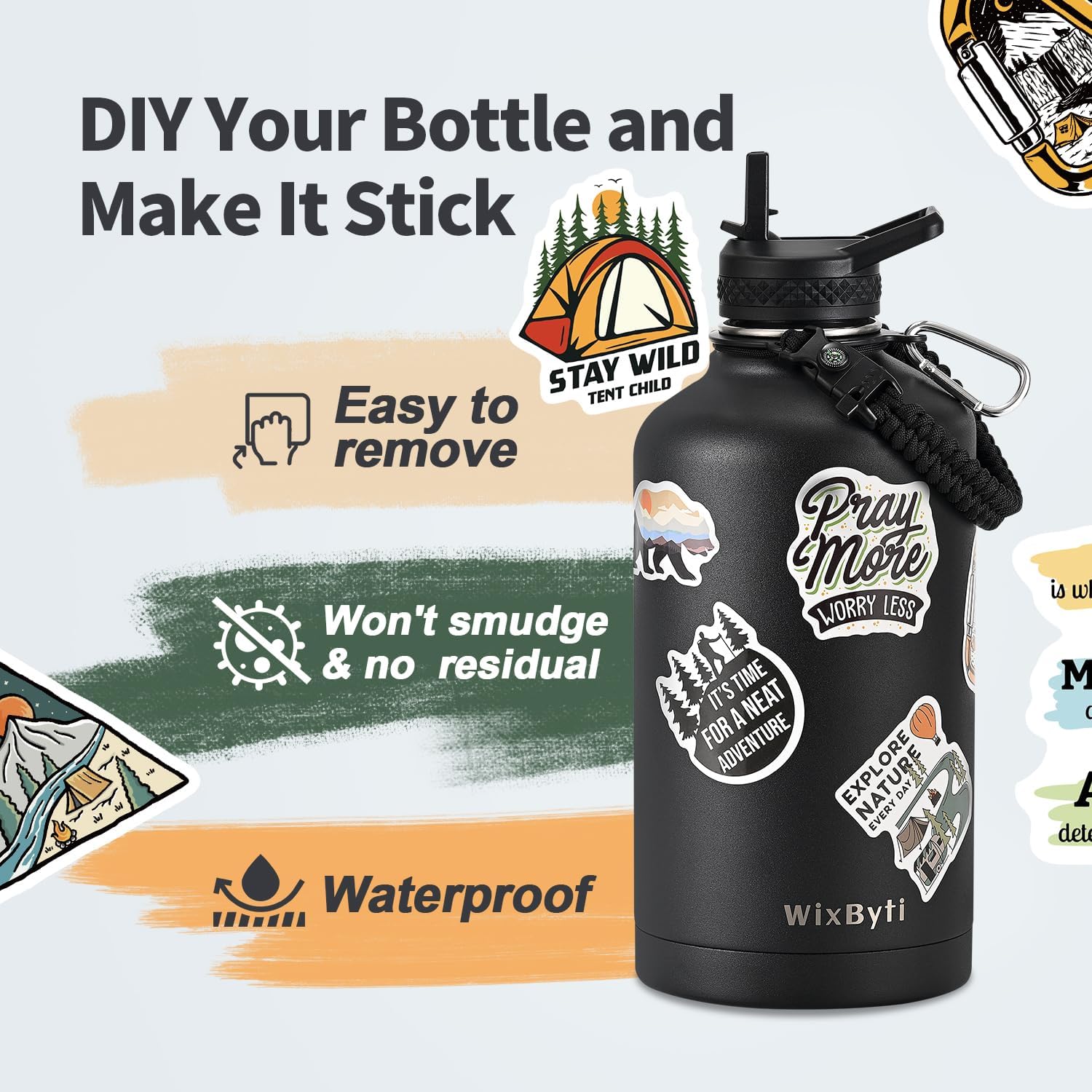 Thumbnail 4 de WixByti One Gallon Triple-Wall Insulated Water Bottle (128oz) with Straw & Spout Lids, Paracord Handle