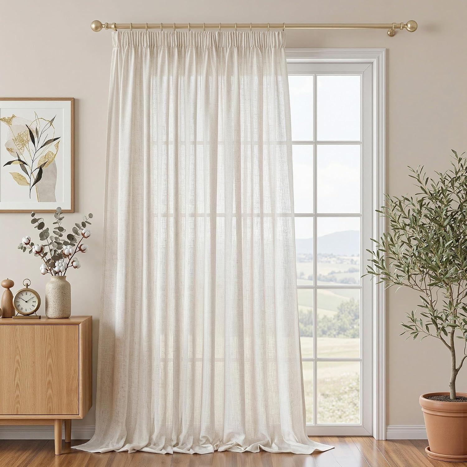 Detalle de MYSKY HOME Leinenoptik Gardine Halbtransparent – 2er Set, 245 x 300 cm, Leinenlook