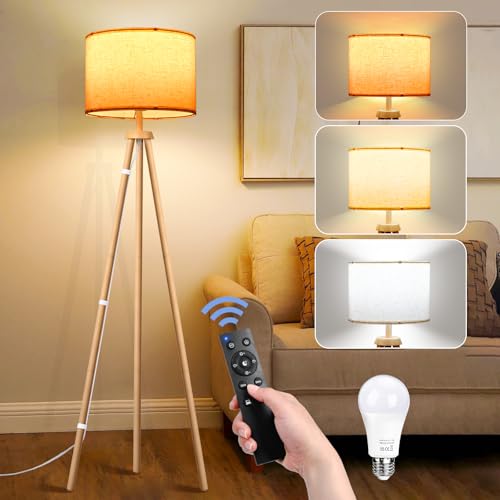 Detalle de NIKYJM Lámpara de Pie Trípode de Madera con Bombilla E27 12W: 3 Colores y Control Remoto
