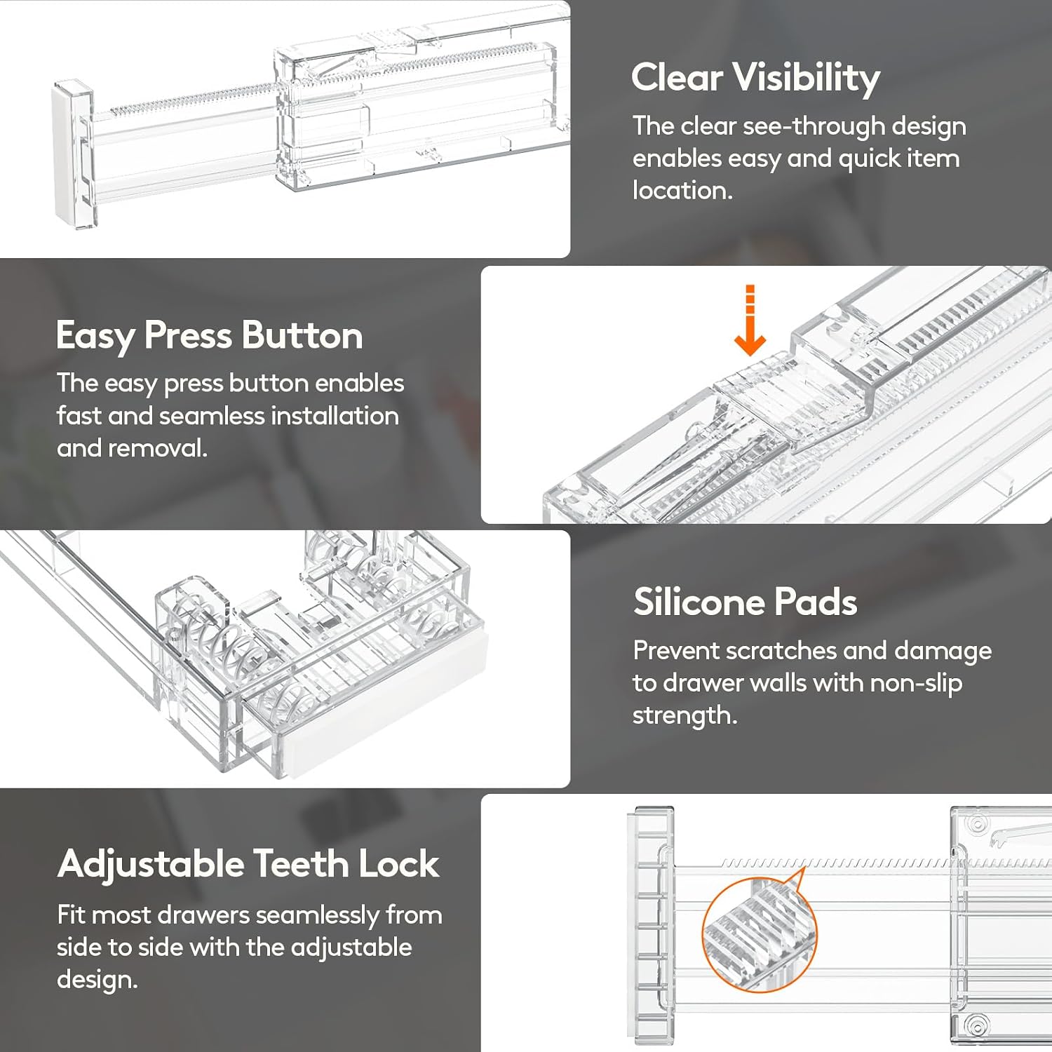 Detalle 1 de Lifewit 4 Pack Adjustable Kitchen Drawer Dividers, Clear, 16–22
