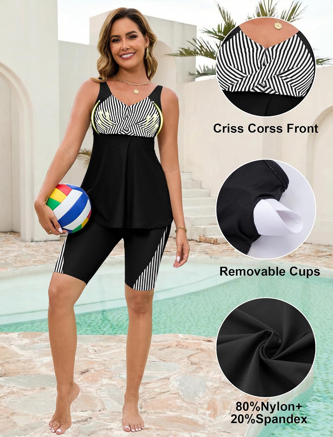 Detalle de Arolina Plus Size Two-Piece Modest Tankini with Tummy Control and Shorts