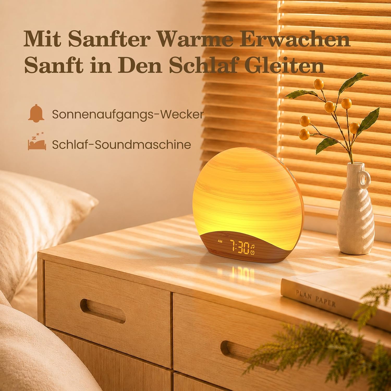 Detalle 2 de REACHER Lichtwecker Sonnenaufgang mit Nachtlicht, 0–100% dimmbar, 26 beruhigende Klänge