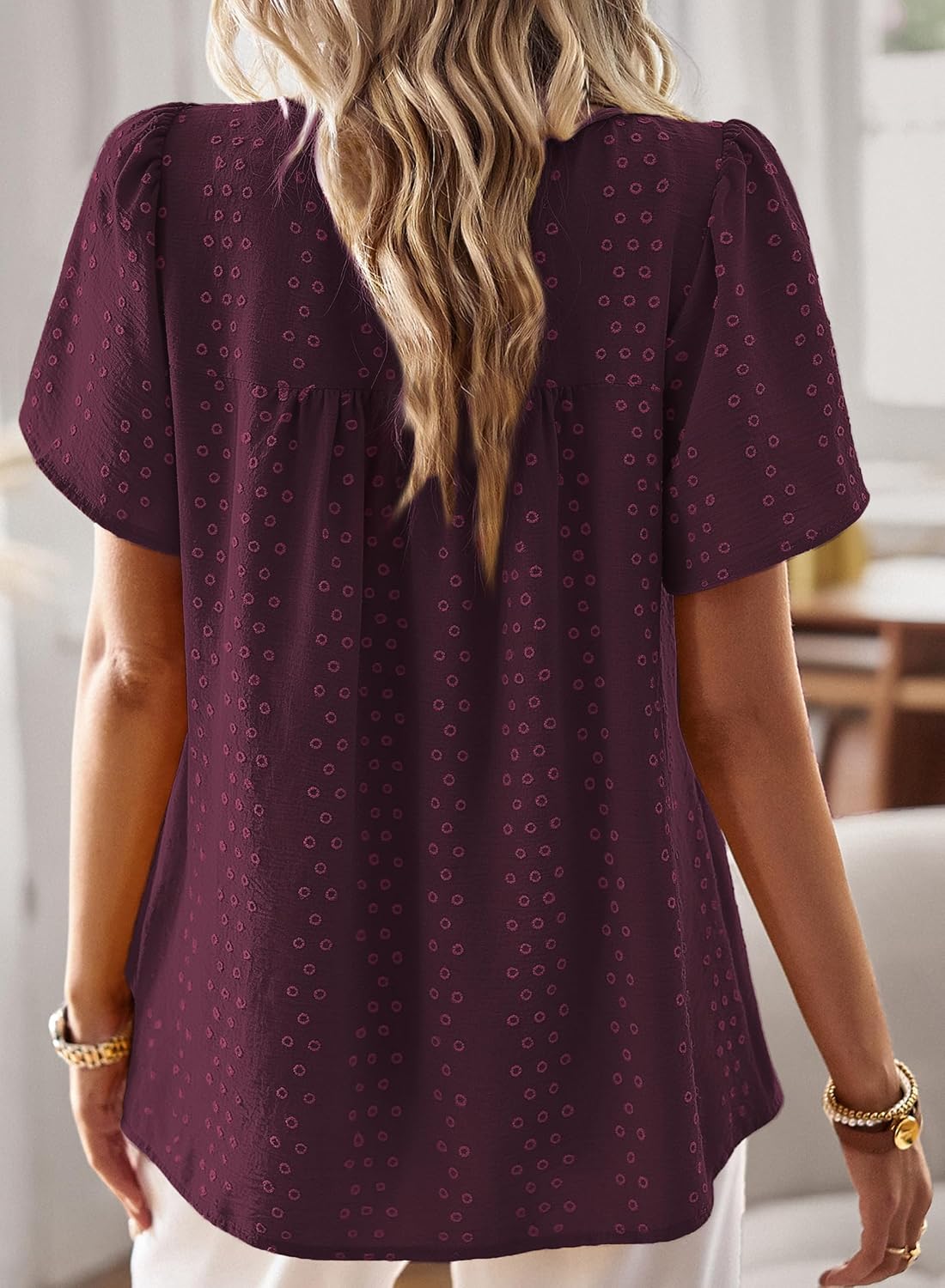Detalle de Falechay Boho Tops for Women Swiss-Dot Babydoll Blouse, Short Sleeve