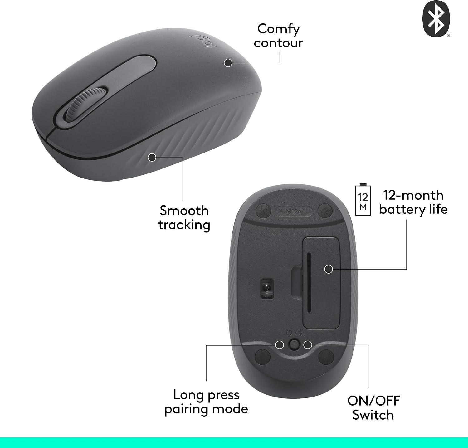 Thumbnail 6 de Logitech M196 Compact Bluetooth Mouse, Graphite, Ambidextrous, Quiet Clicks