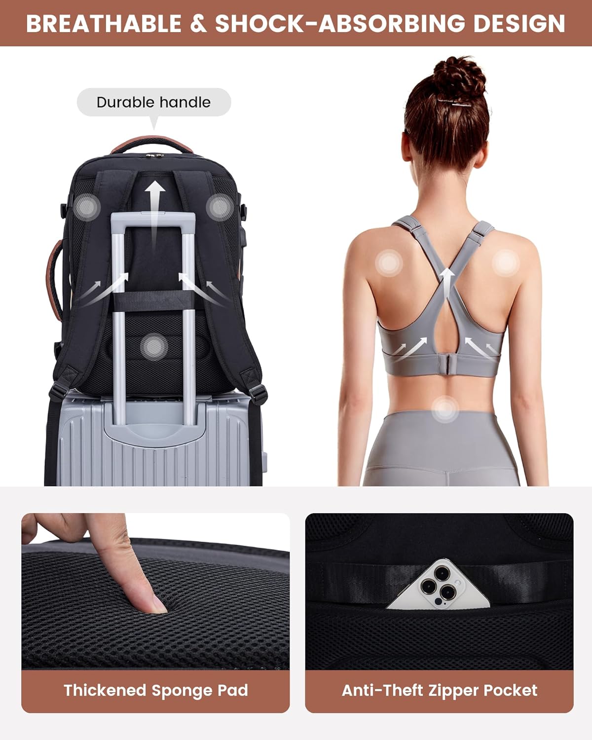 Detalle de LOVEVOOK Handgepäck-Rucksack 40L mit Laptopfach (bis 17,3") – Damen-Reiserucksack für Cabin Luggage