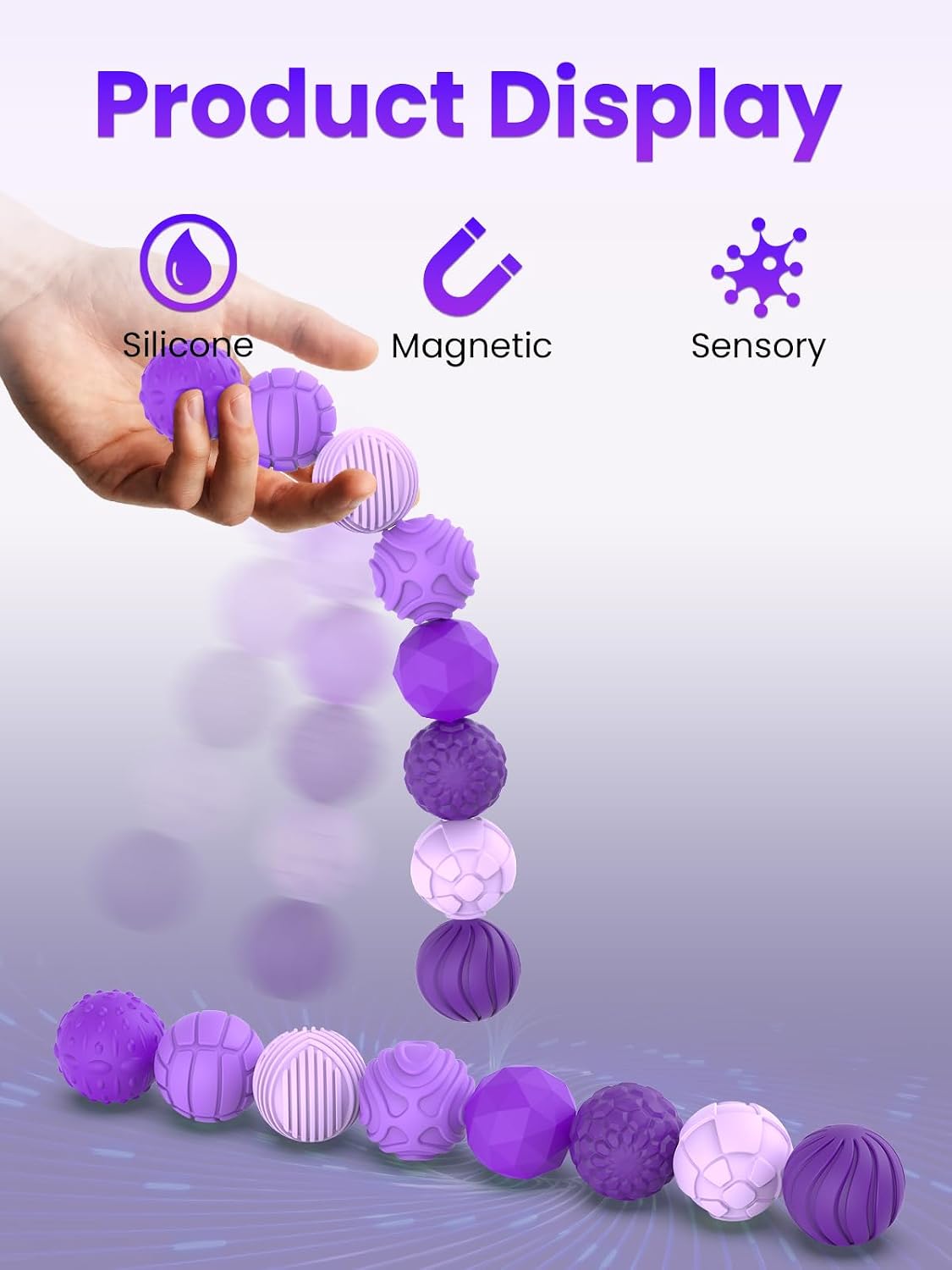 Thumbnail 1 de Magnetic Balls Fidget Toys for Adults & Teens – 8Pcs Silicone Sensory Stress Relief Set (Geometric, Purple)