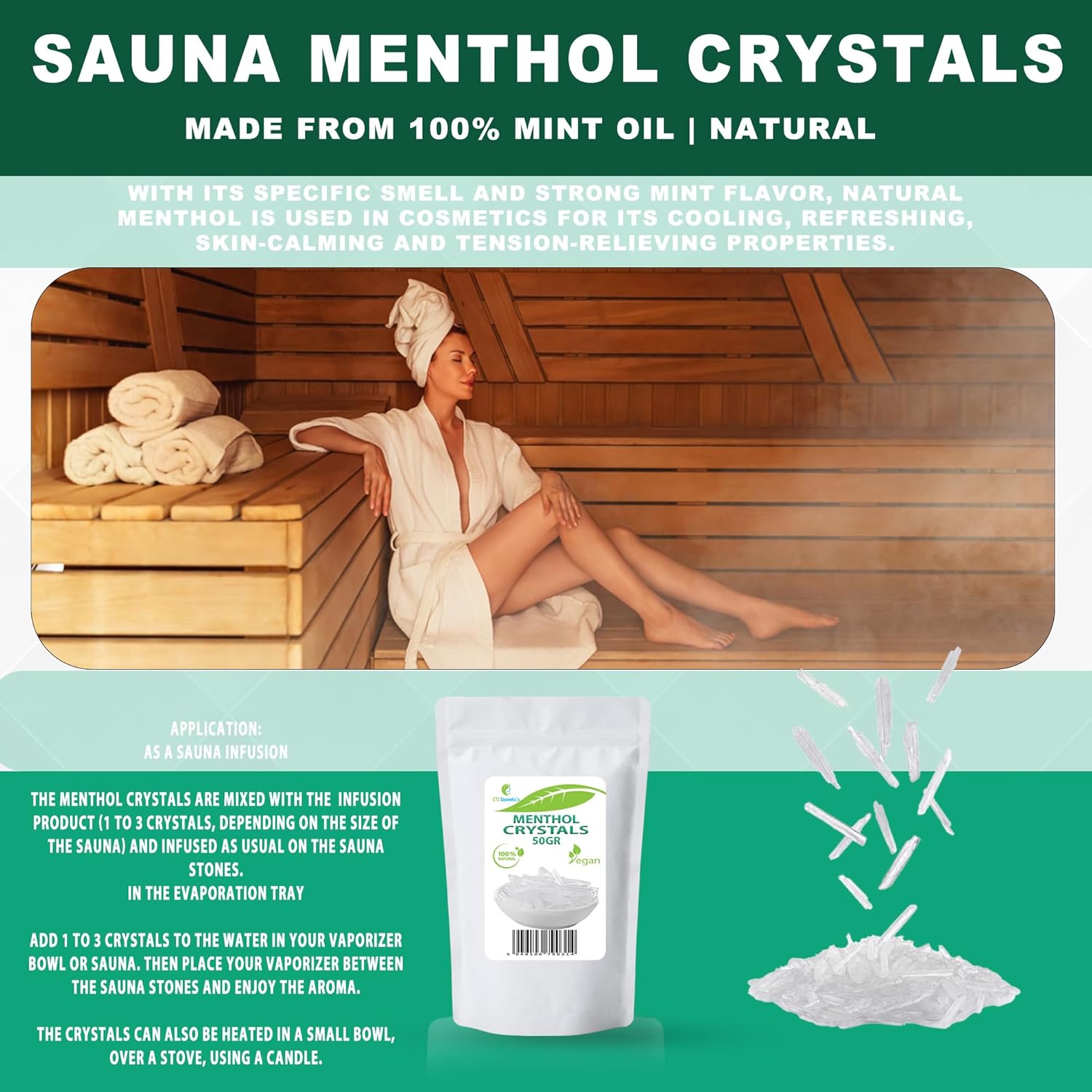 Detalle 2 de Cristalli di mentolo 50 g: ingrediente naturale per formule cosmetiche, gel e accessori per sauna
