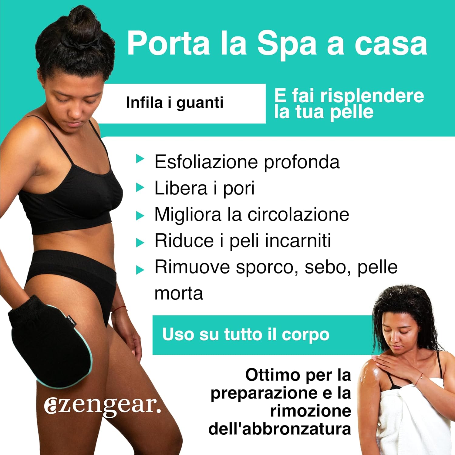 Detalle de aZengear Guanto Esfoliante (coppia) per doccia e bagno coreano, scrub delicato ma profondo (nero)