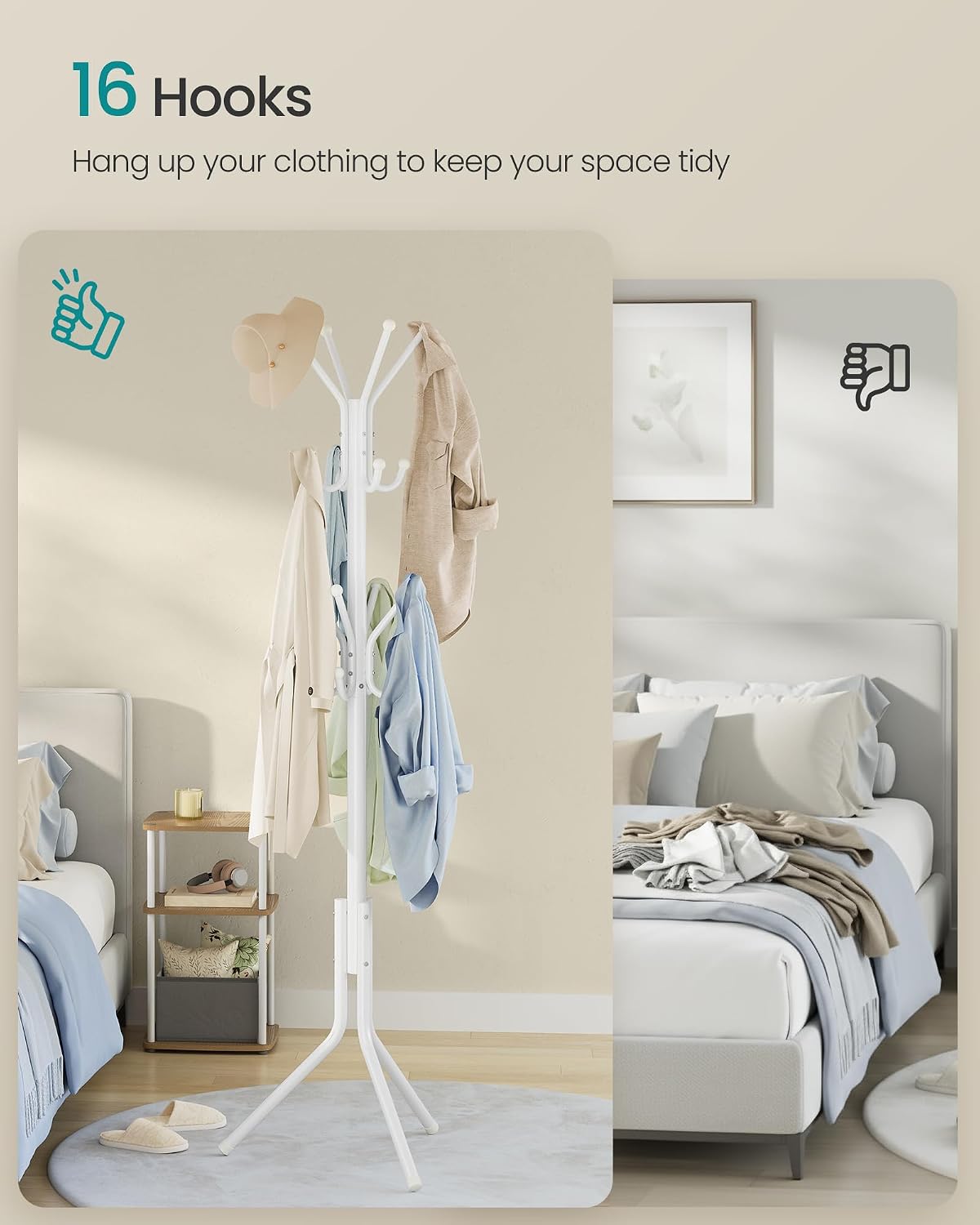 Detalle de SONGMICS RCR081WC01 Steel Coat Rack, 16 Hooks, 175 cm, Cloud White
