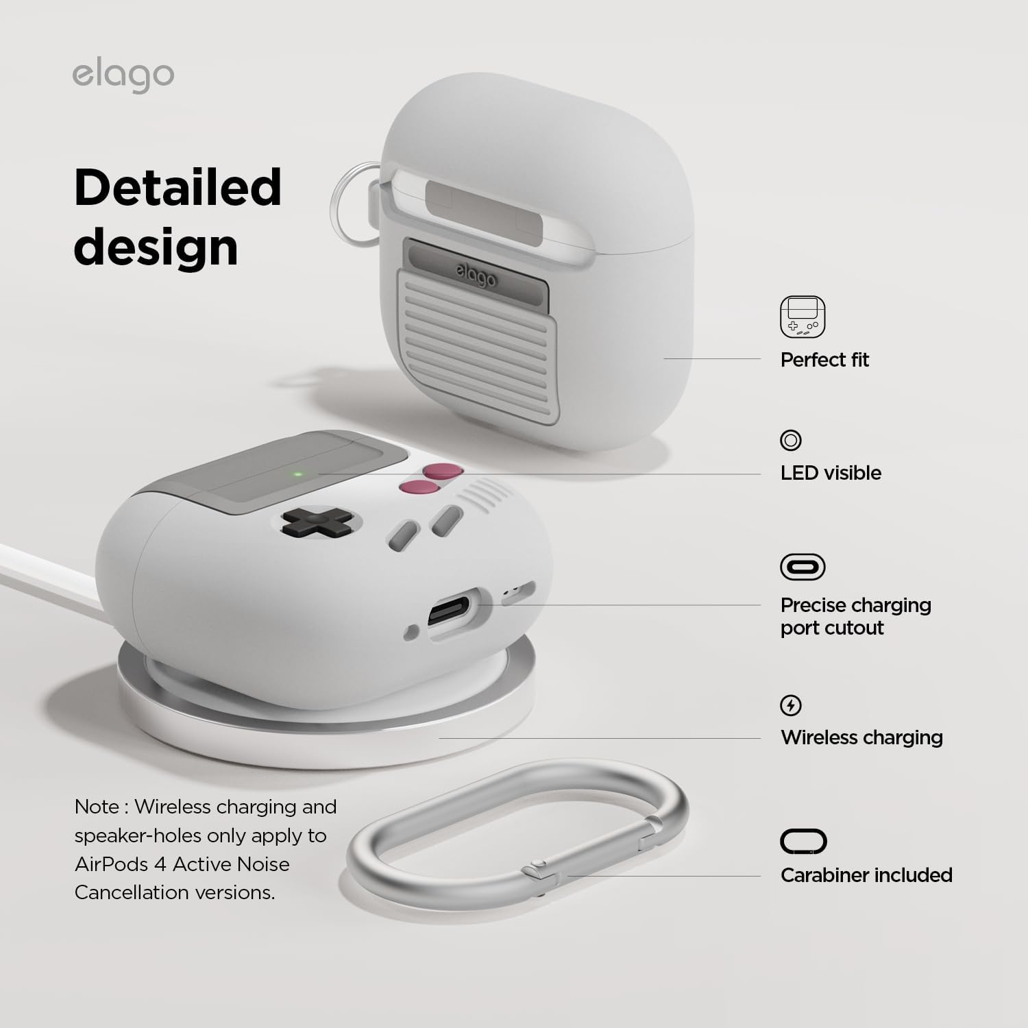 Detalle 2 de elago Coque AW5 en silicone pour AirPods 4 (2024) avec mousqueton inclus – design console rétro portable (gris)