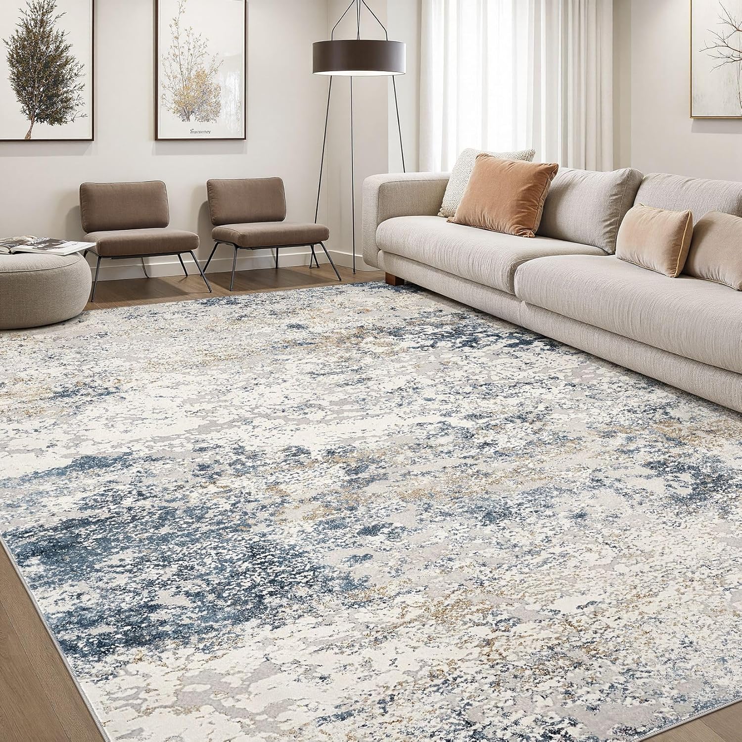 Detalle de DMOYEST 8x10 Abstract Low Pile Area Rug (Neutral Beige Blue) — Soft, Washable Indoor Carpet