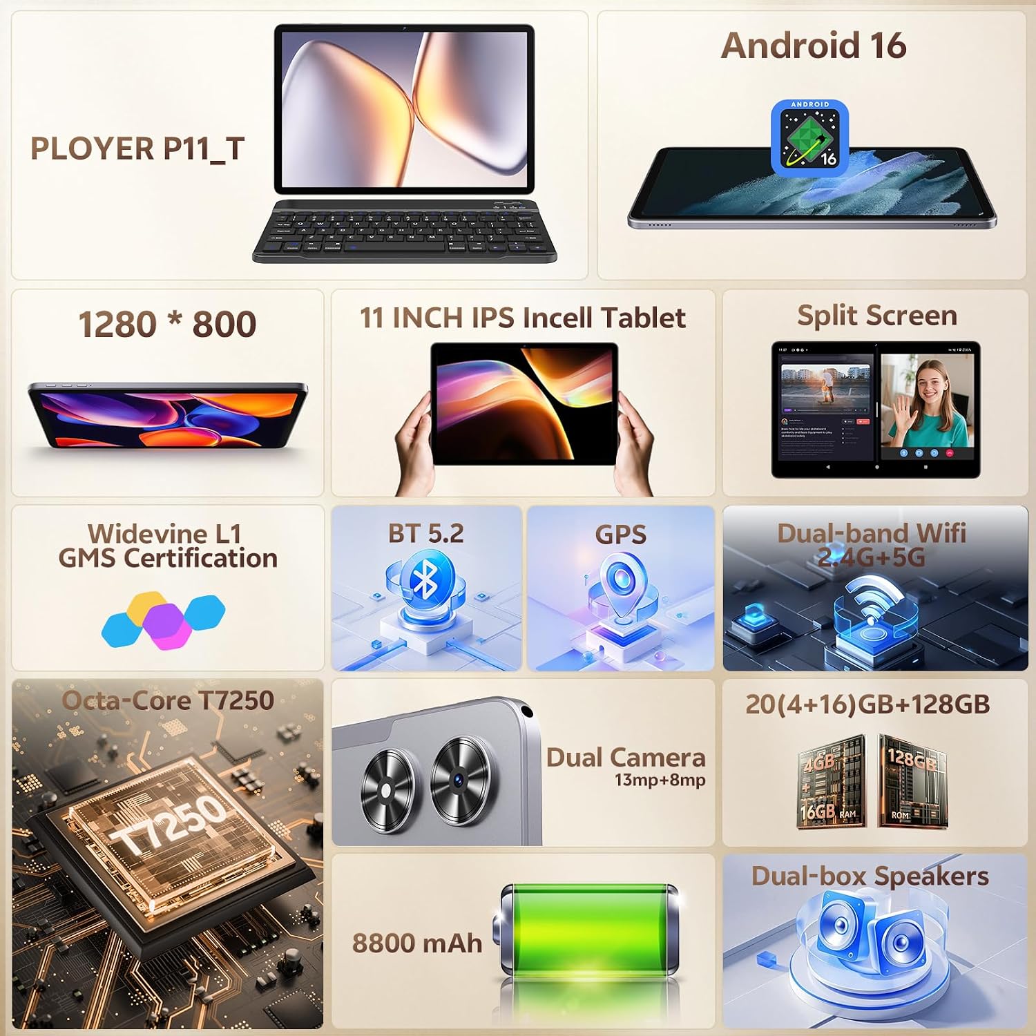 Thumbnail 1 de 11 Inch Android 16 Tablet with 20GB RAM, 128GB ROM, and Keyboard‑Mouse Bundle