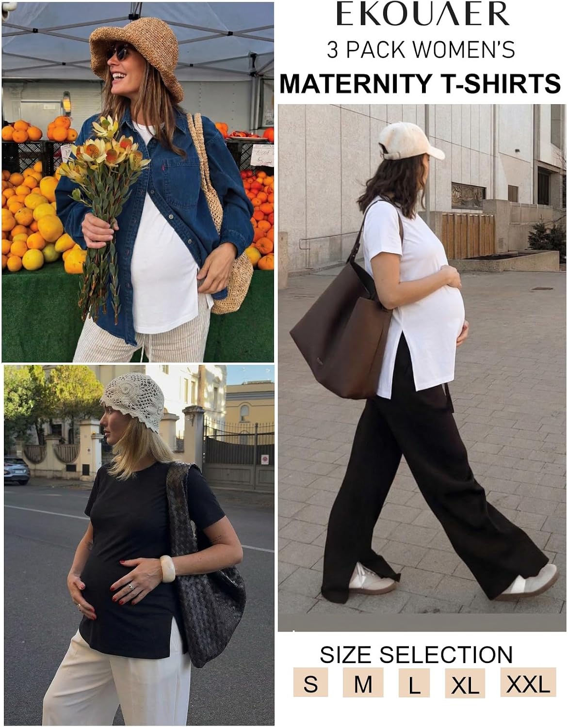 Detalle de Ekouaer 3 Pack Women’s Oversize T-Shirts – Basic Short Sleeve Loose Fit Maternity Tops (S-XXL)