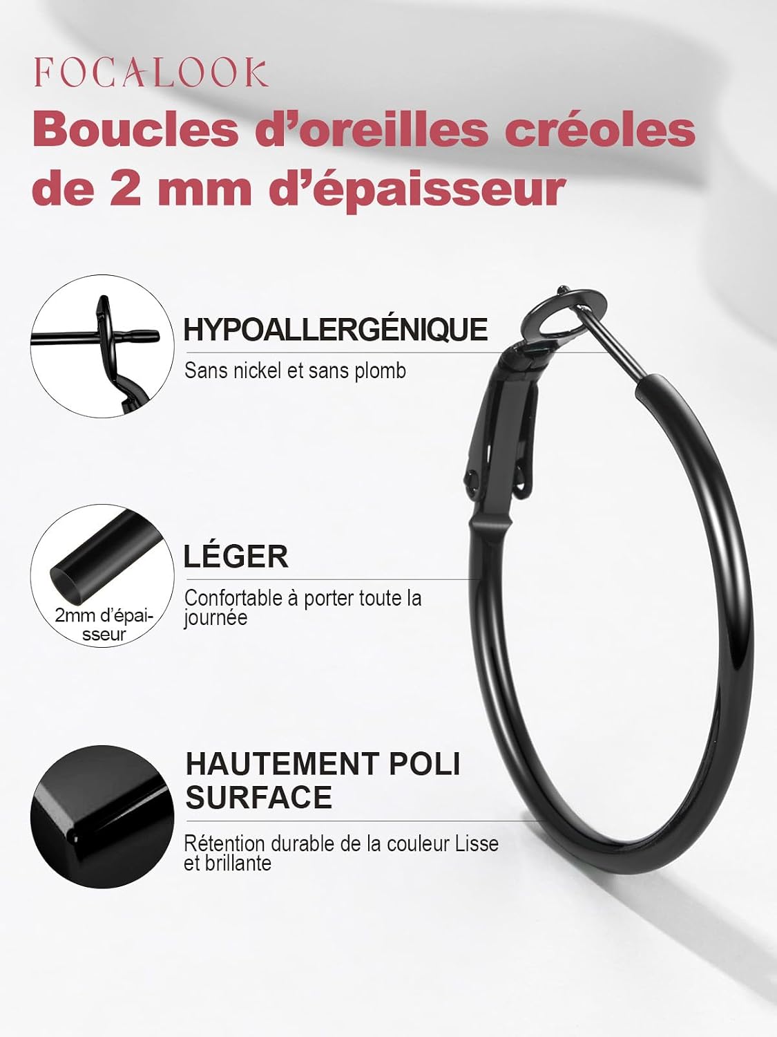 Detalle de FOCALOOK Boucles d’oreilles créoles femme argent/plaqué or/noir en acier inoxydable (grands anneaux)