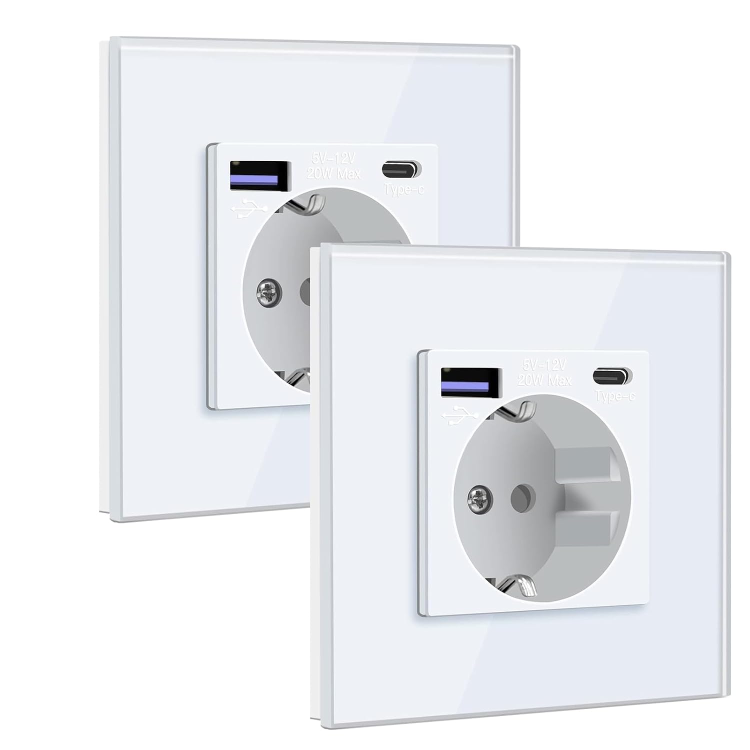 Detalle de BSEED Schuko-Wandsteckdose mit USB‑C 20W Schnellladen (Unterputz, Glas-Panel) – 2er-Set, Weiß