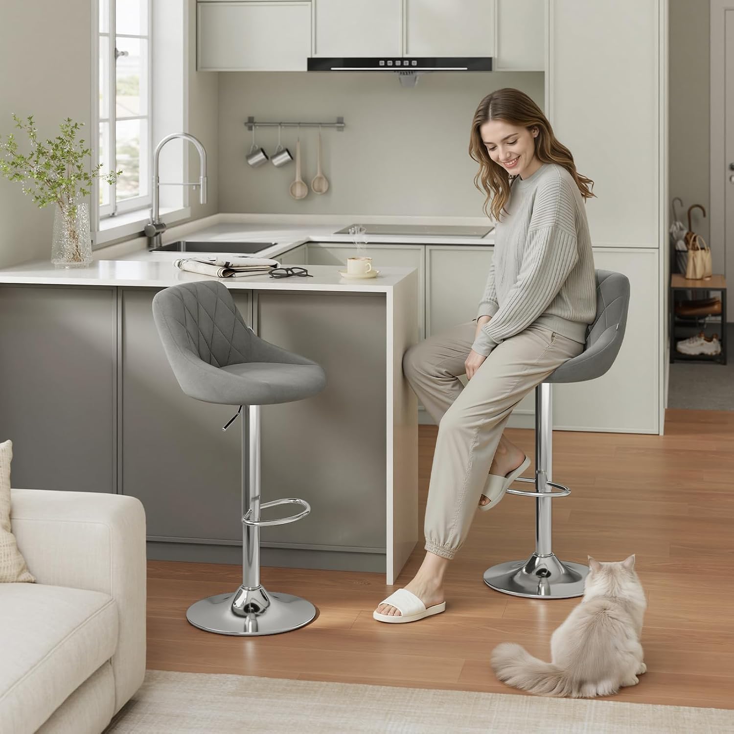 Detalle de WOLTU Barhocker 2er-Set BH138hgr-2, höhenverstellbar und 360° drehbar mit Lehne