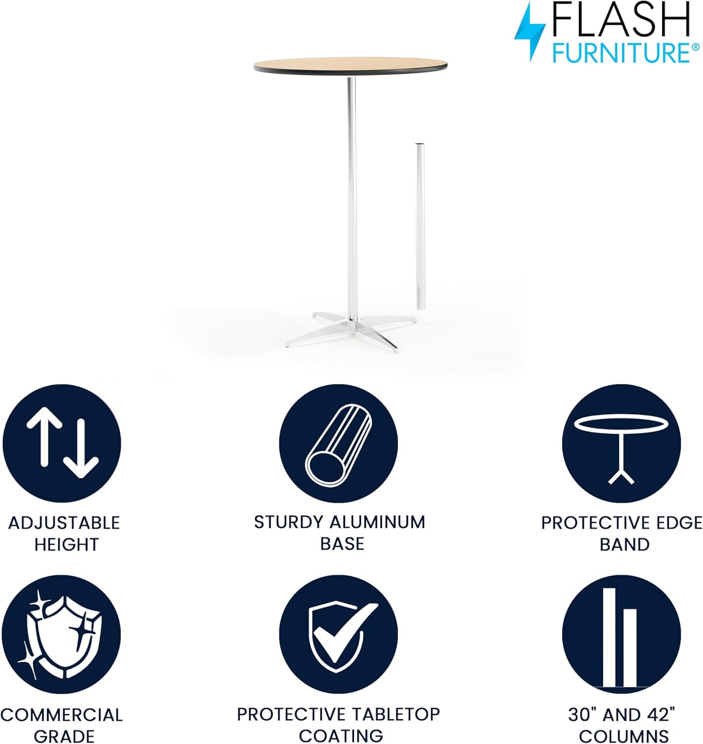Thumbnail 3 de Flash Furniture Lars 30" Round Cocktail Table with Adjustable Columns (30" and 42") in Natural Birchwood