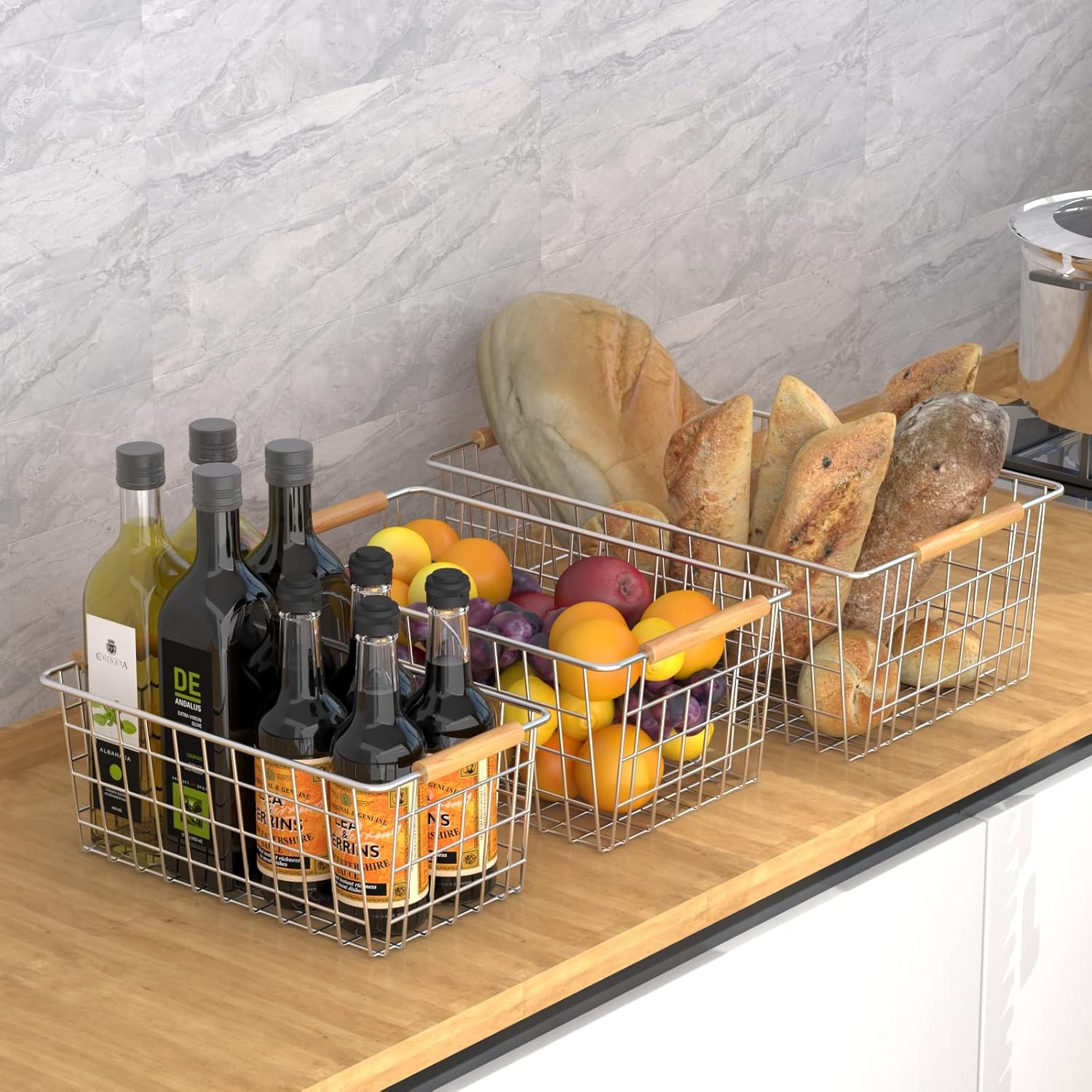 Thumbnail 2 de YOUVIP 3 Pack Wire Storage Baskets with Wooden Handles – Versatile Steel Grid Bins for Pantry, Fridge, Bathroom & More
