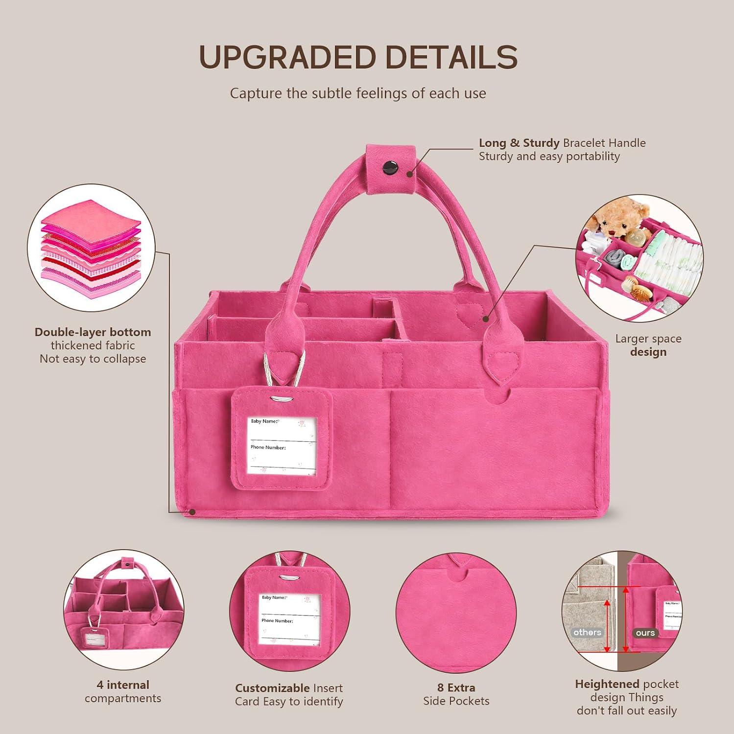 Detalle de GEMII diaper caddy organizer, Large Pink Felt Baby Caddy with Handle