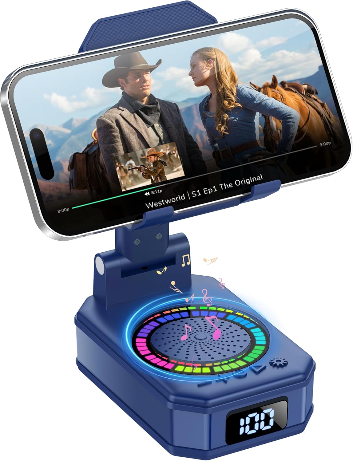 Detalle de Vatertagsgeschenk für Papa: 4-in-1 Bluetooth-Lautsprecher mit Handyhalter, LED-Licht, langer Akku und Trageständer (Blau)