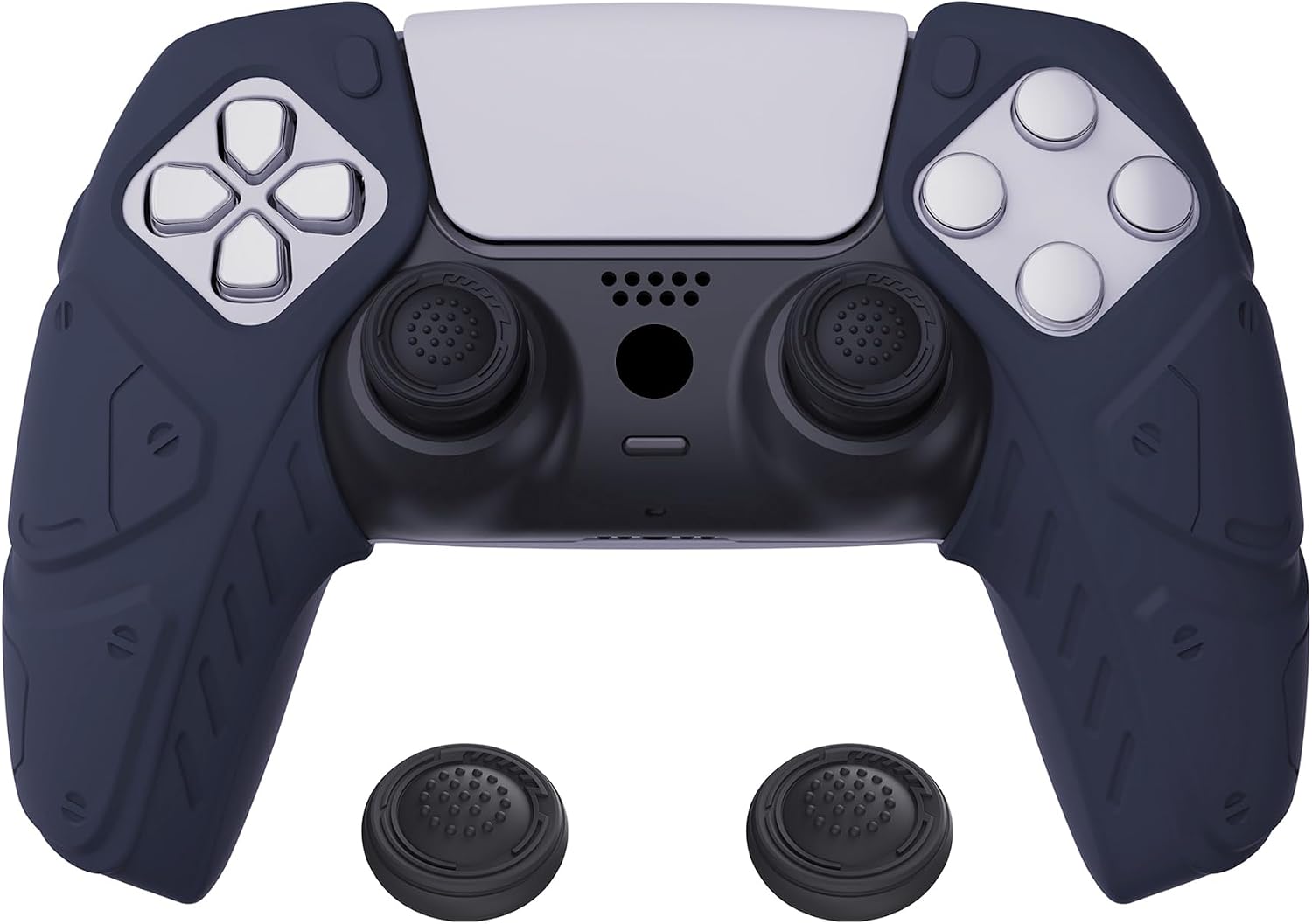 Detalle de PlayVital Mecha Edition Midnight Blue ergonomic silicone grips for PS5 controller (with thumbstick caps) — compatible with charging station