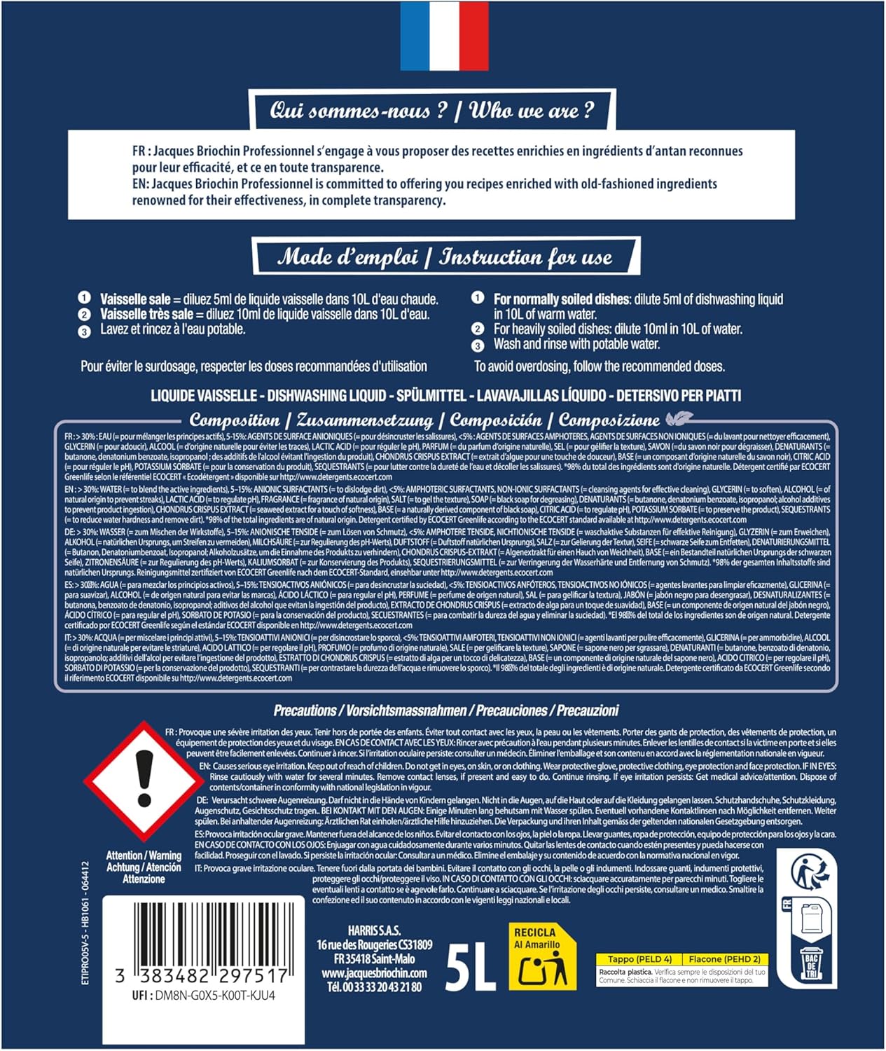 Thumbnail 4 de Briochin professionnel – Liquide vaisselle pour plonge Ecocert 5L