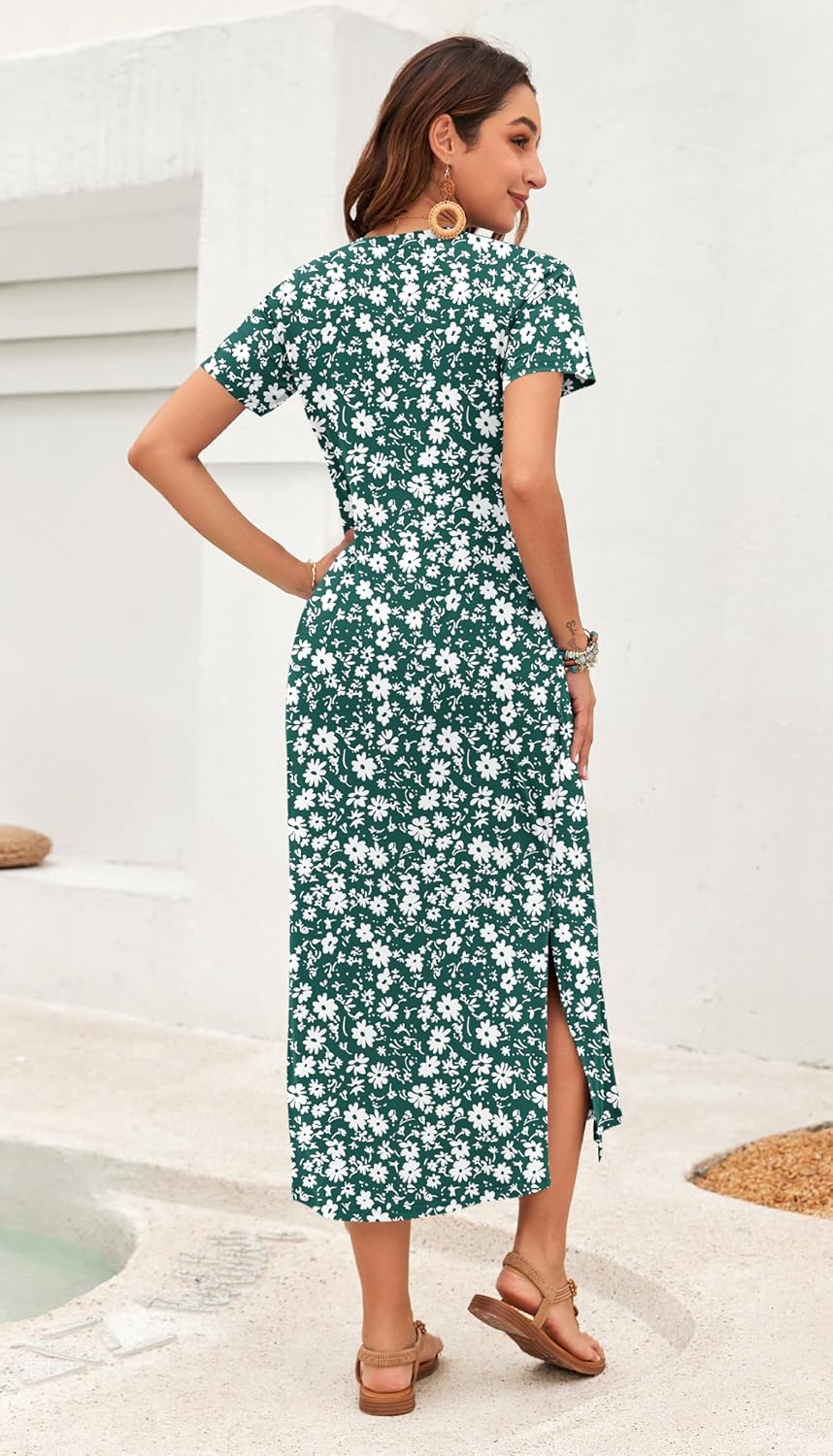 Detalle 2 de Robe longue d'été AUSELILY pour femmes - col en V, poches et manches courtes