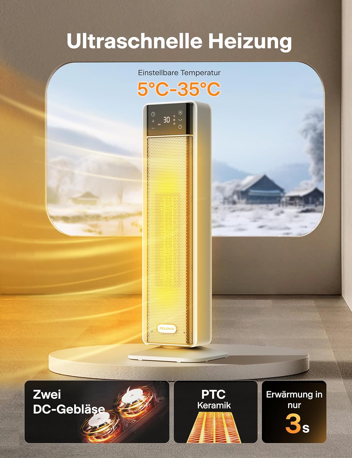 Detalle 2 de PELONIS Keramik-Heizlüfter 2000 W mit Fernbedienung & Thermostat – leise, 75° Oszillation, 24h Timer