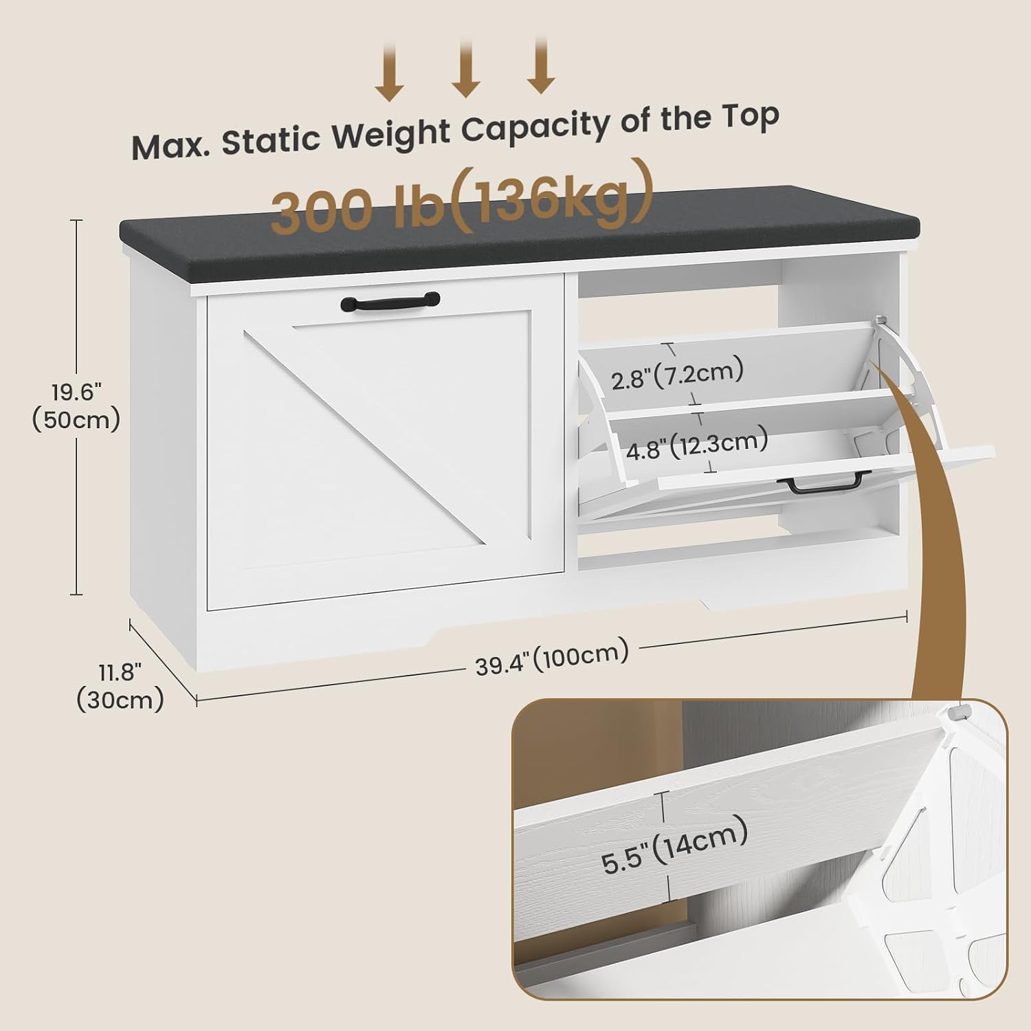 Detalle 2 de Draelibor Shoe Storage Bench 39.4 in