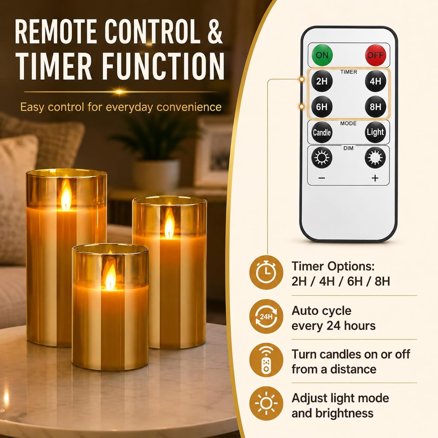 Detalle de YMing battery-operated flameless LED candles set (gold glass pillar) with remote timer – realistic flicker wick flame mode