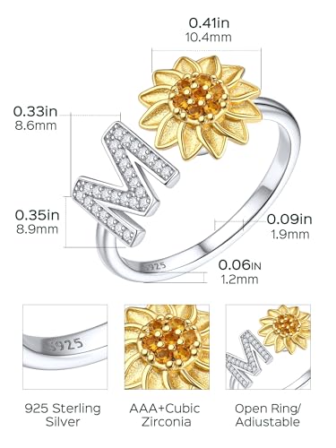 Detalle de Anillo inicial M en plata de ley 925 con flor girasol giratorio y circonita – ChicSilver