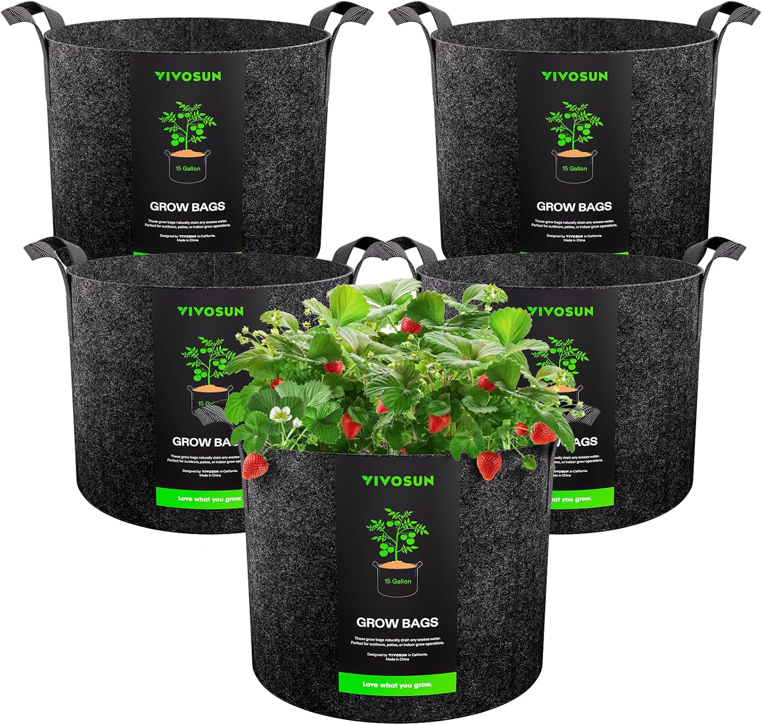 VIVOSUN set da 5 grow bag da 15 galloni (60 litri) in tessuto non tessuto, con maniglie