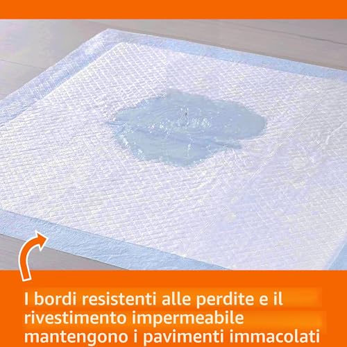 Detalle de Amazon Basics tappetini per addestramento cani e cuccioli – 50 pezzi, 56 x 56 cm, 5 strati, superficie ad asciugatura rapida, blu