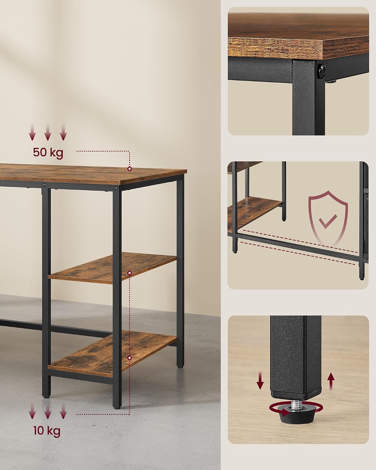 Thumbnail 5 de VASAGLE LWD104B01: Industrial Rustic Computer Desk with 3 Shelves and 2 Drawers, 60 x 140 cm